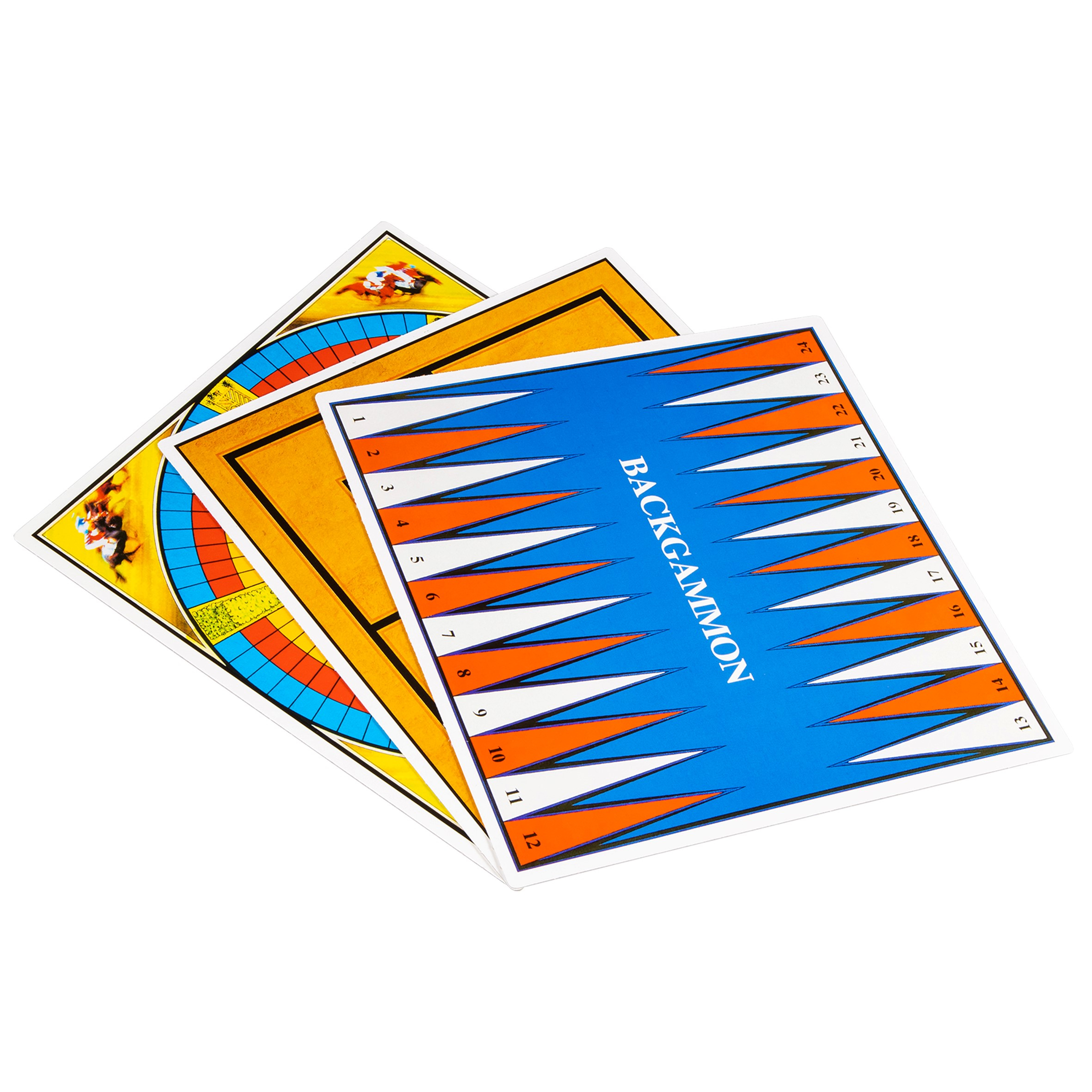 Backgammon-speelborden, één blauw, één geel en één oranje, gestapeld op een wit oppervlak.