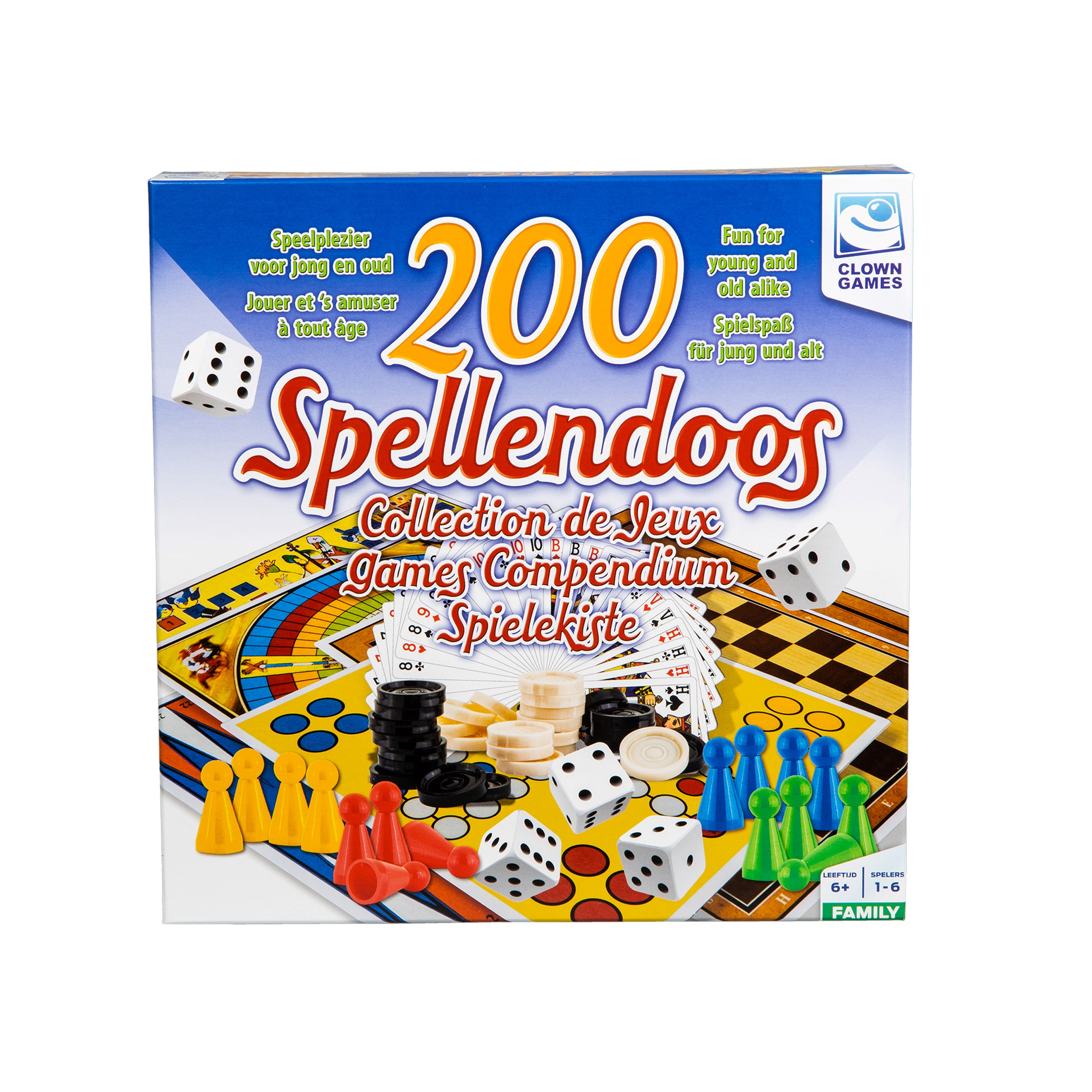 Spelbox getiteld "Spellendoos" met spelstukken en dobbelstenen op een bord met mensen.