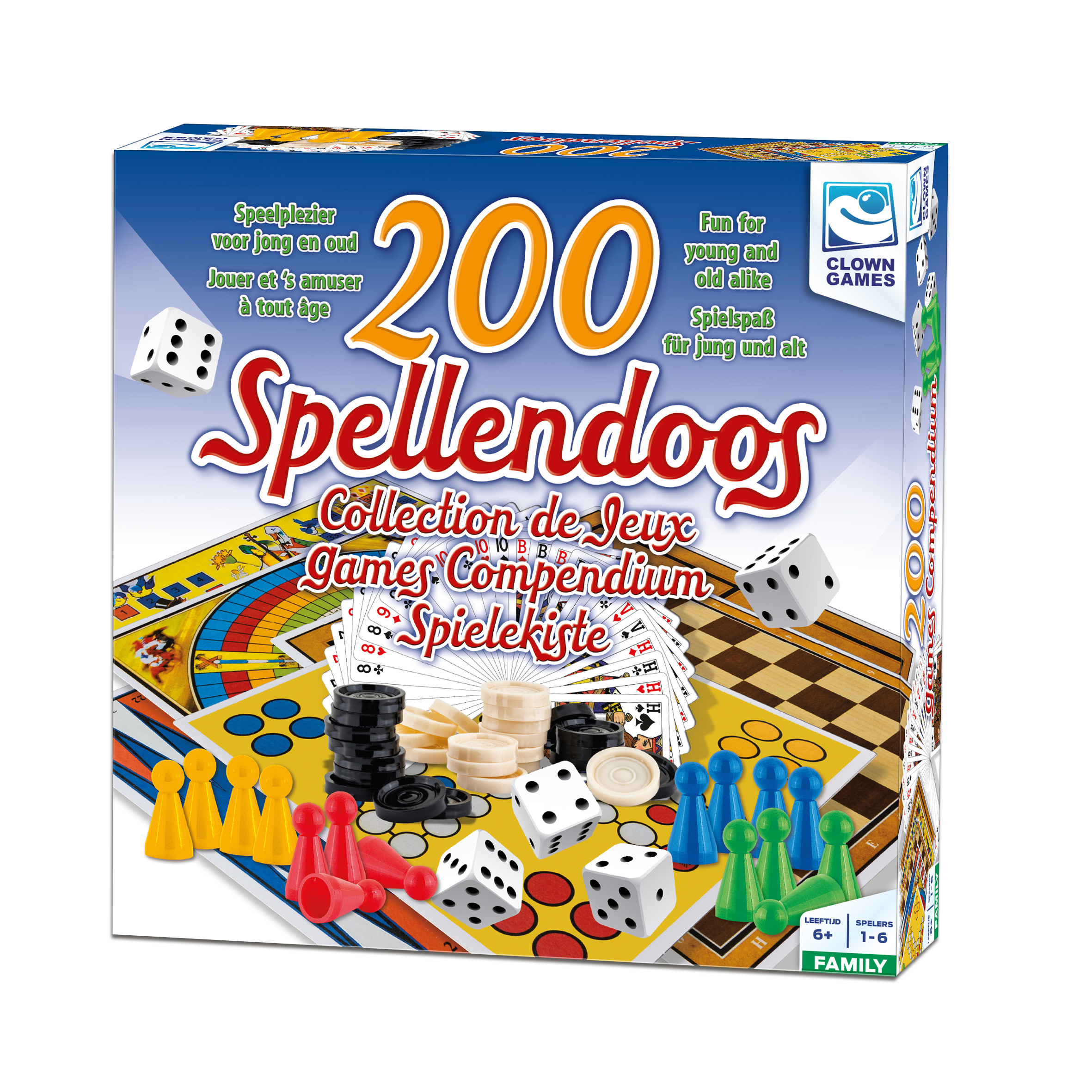 Een bordspeldoos met dobbelstenen en spelstukken verspreid, met meerdere talen geschreven.