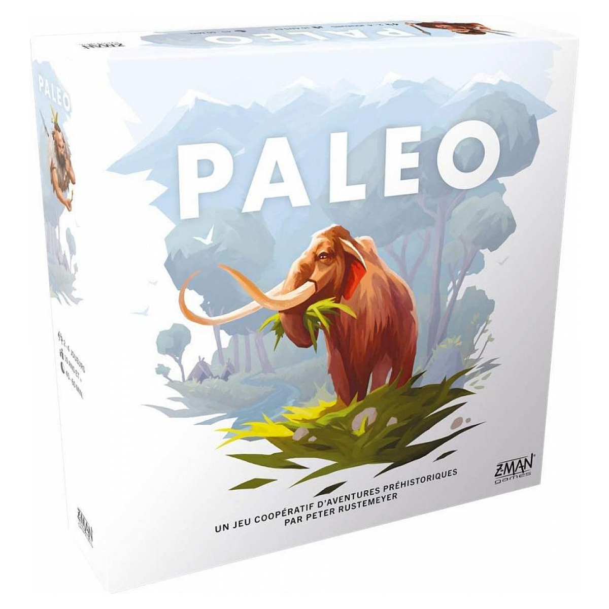 Pudełko gry planszowej Paleo z mamutem jedzącym trawę w pobliżu drzew i gór.