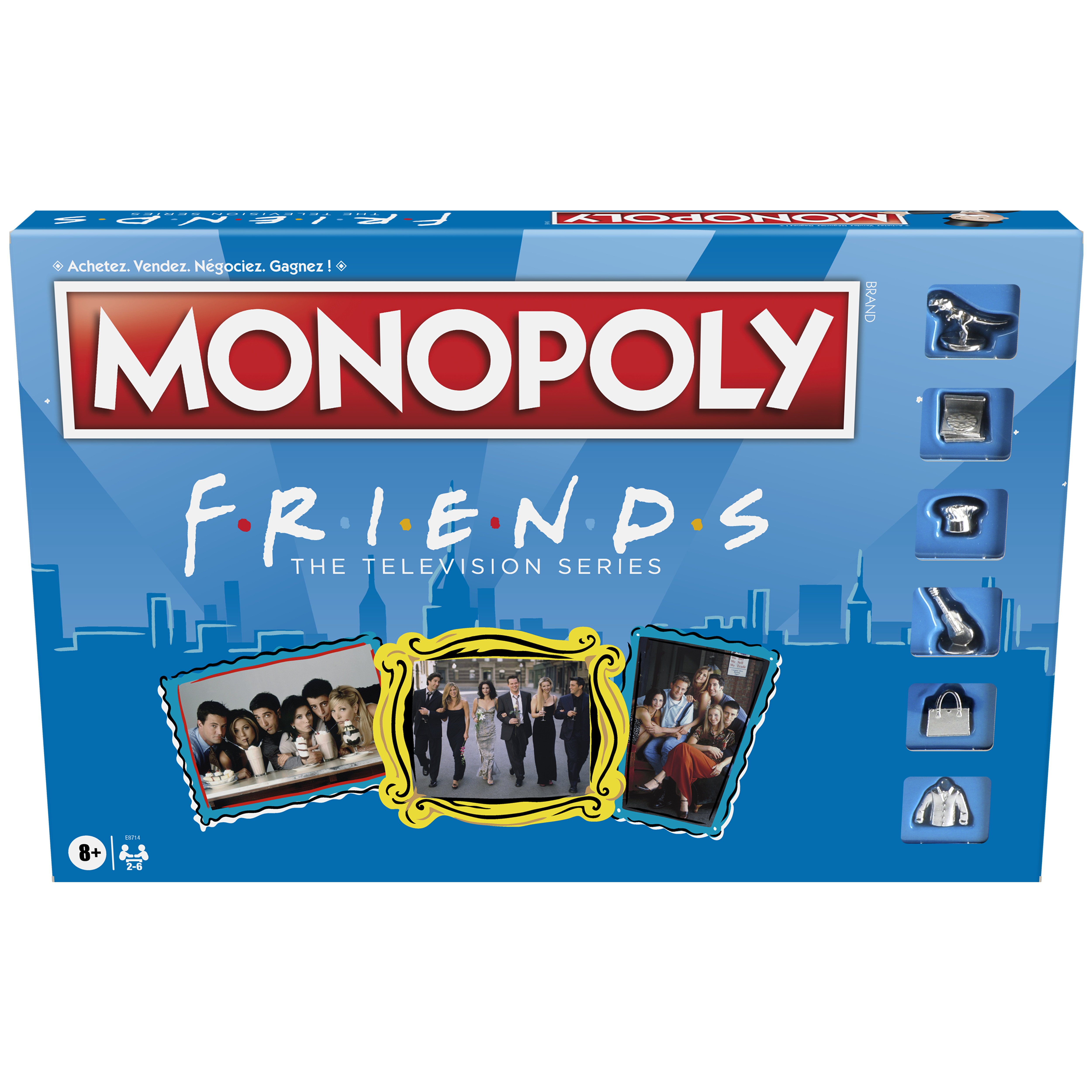 Pudełko gry planszowej Monopoly Friends. Zawiera zdjęcia obsady Friends i ikoniczne pionki.