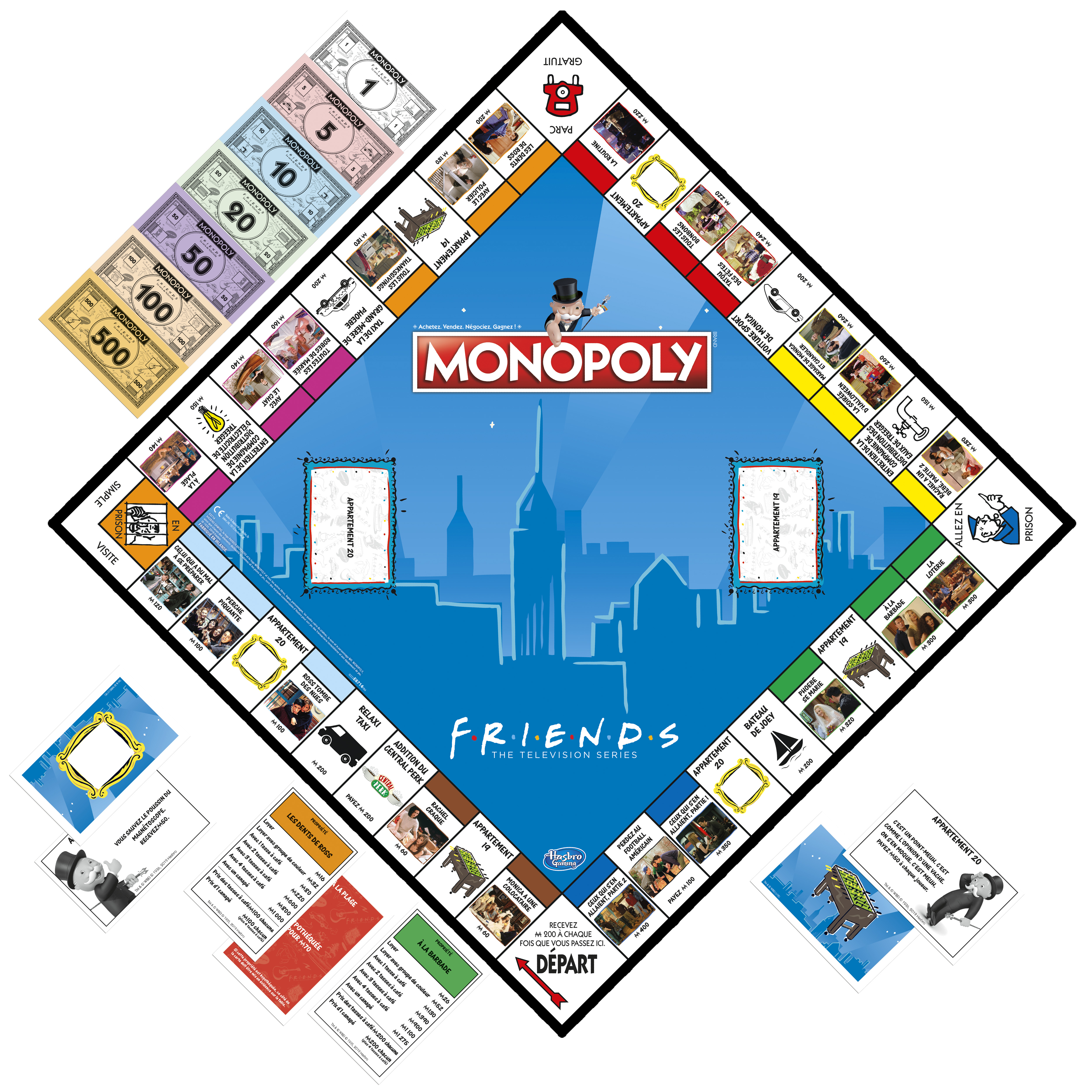 Plansza do gry Monopoly z motywem F.R.I.E.N.D.S, pieniędzmi i kartami. Panorama miasta w tle.