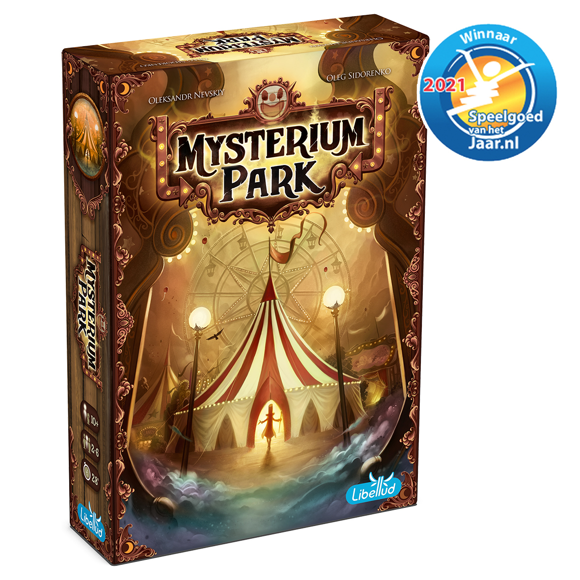 Mysterium Park bordspeldoos. Toont een kermis met een reuzenrad en een rood-witte tent.