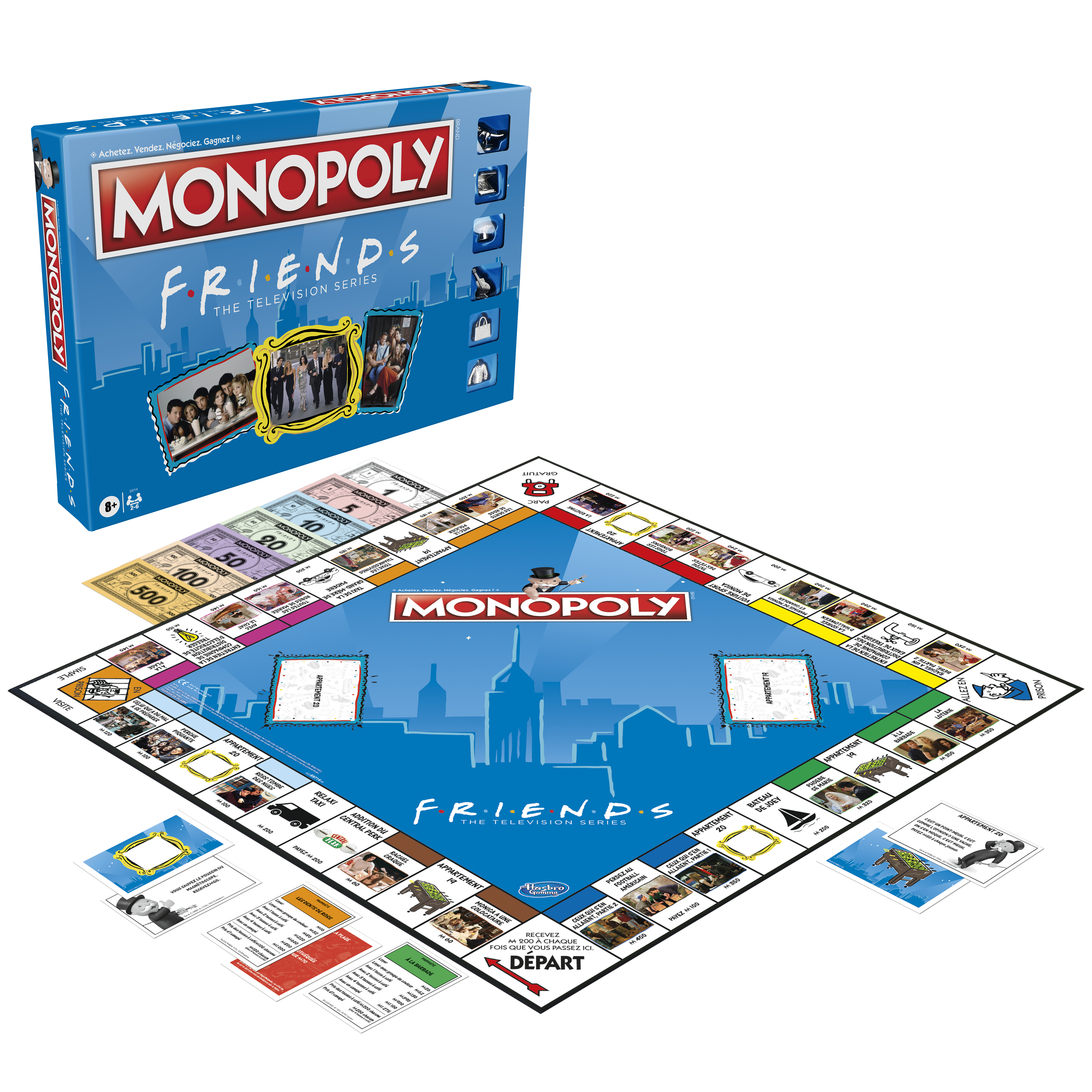 Gra planszowa Monopoly Friends, widoczne pudełko i plansza, z kartami i pieniędzmi.