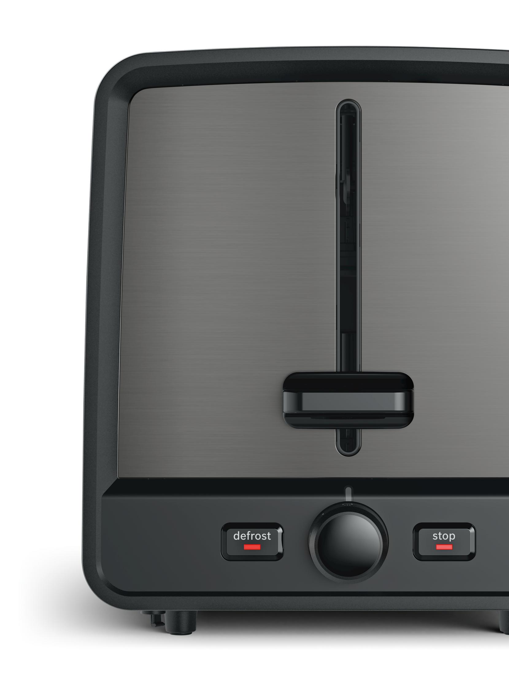 Schwarz-grauer Toaster mit 'Auftau-' und 'Stopp'-Tasten. Der Drehregler hat Zahlen 1-3 und ein Brotbild.