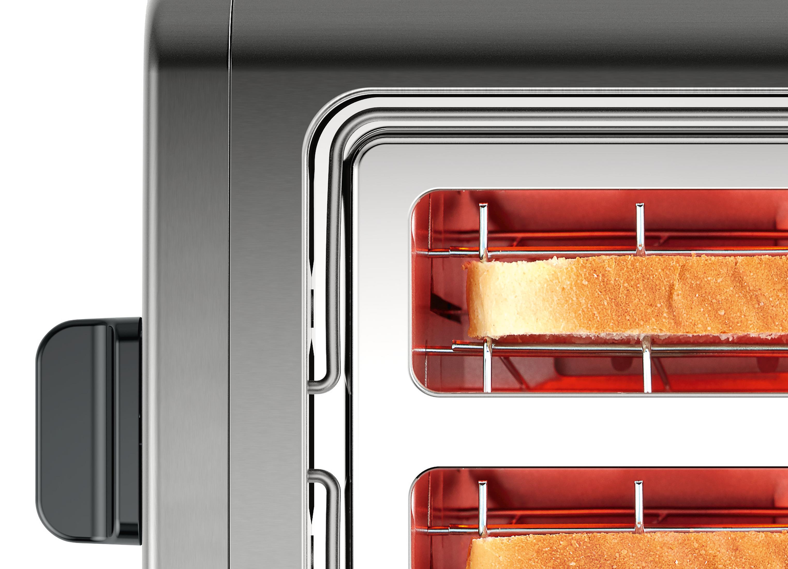 Nahaufnahme eines Toasters mit Brotscheiben. Die Elemente umfassen einen Metallrahmen und den Toast.
