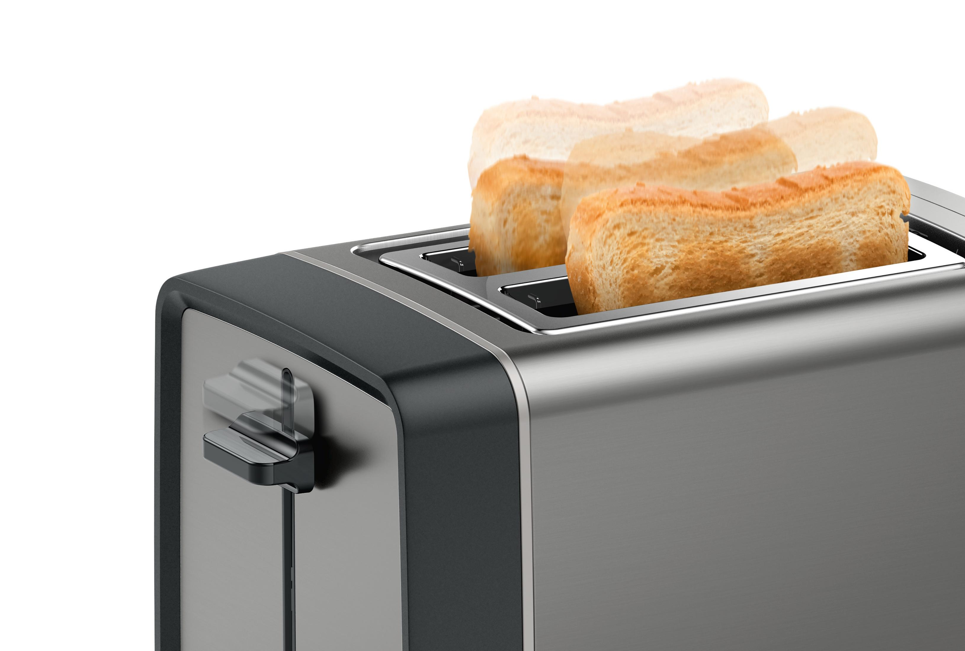 Toaster mit Brotscheiben. Toast poppt auf. Edelstahlgehäuse, schwarze Akzente, weißer Hintergrund.