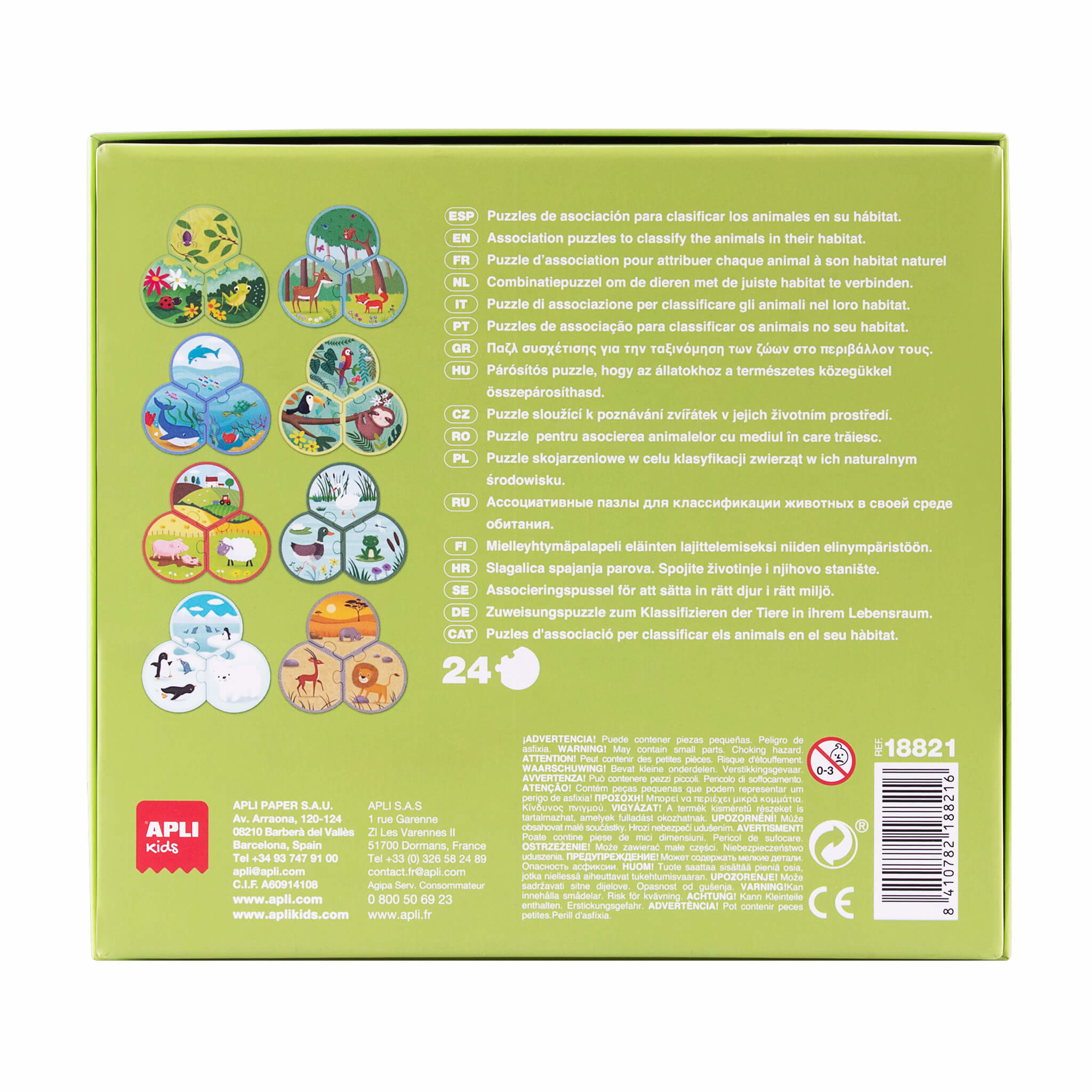 Una caja de juego de rompecabezas con varias piezas de rompecabezas ilustradas. Texto en varios idiomas. Fondo blanco.