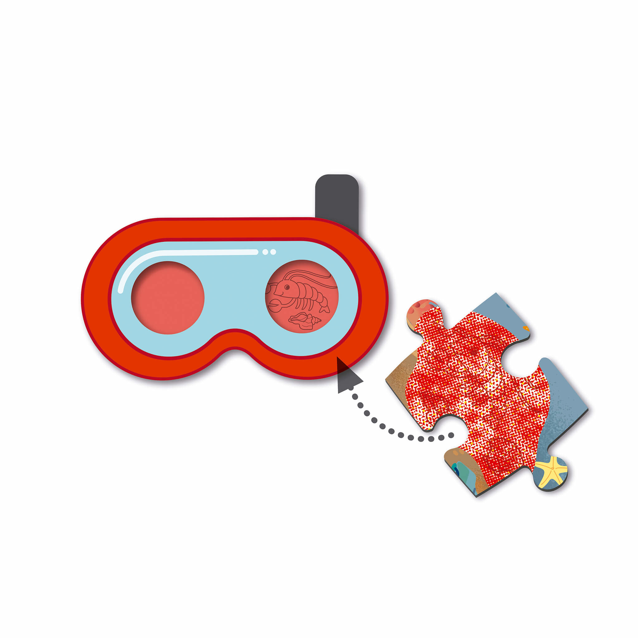 Una pieza de rompecabezas roja y azul claro se coloca en gafas, mostrando un pez.