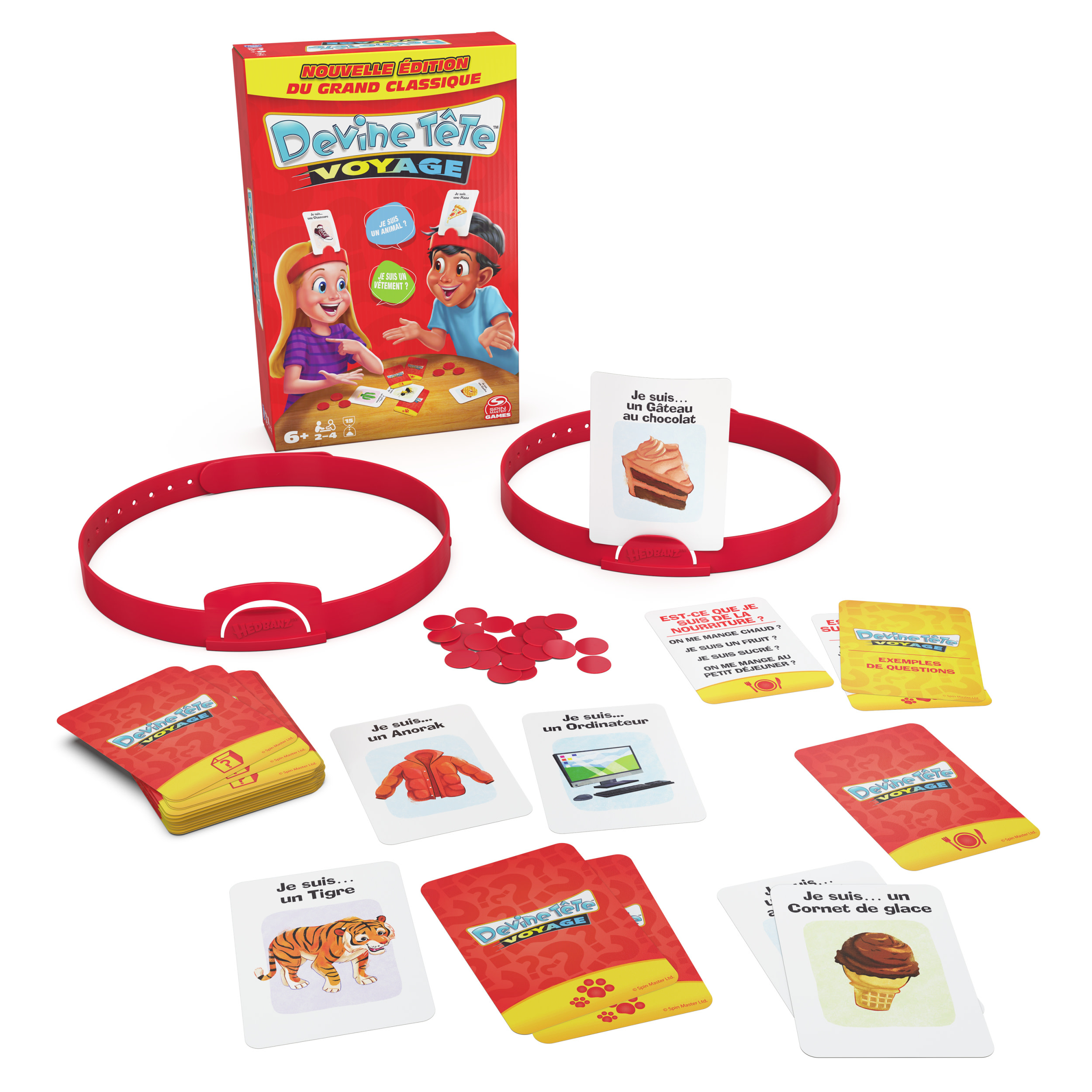 Ein Brettspiel mit Karten und Stirnbändern. Auf der Box spielen ein Junge und ein Mädchen.