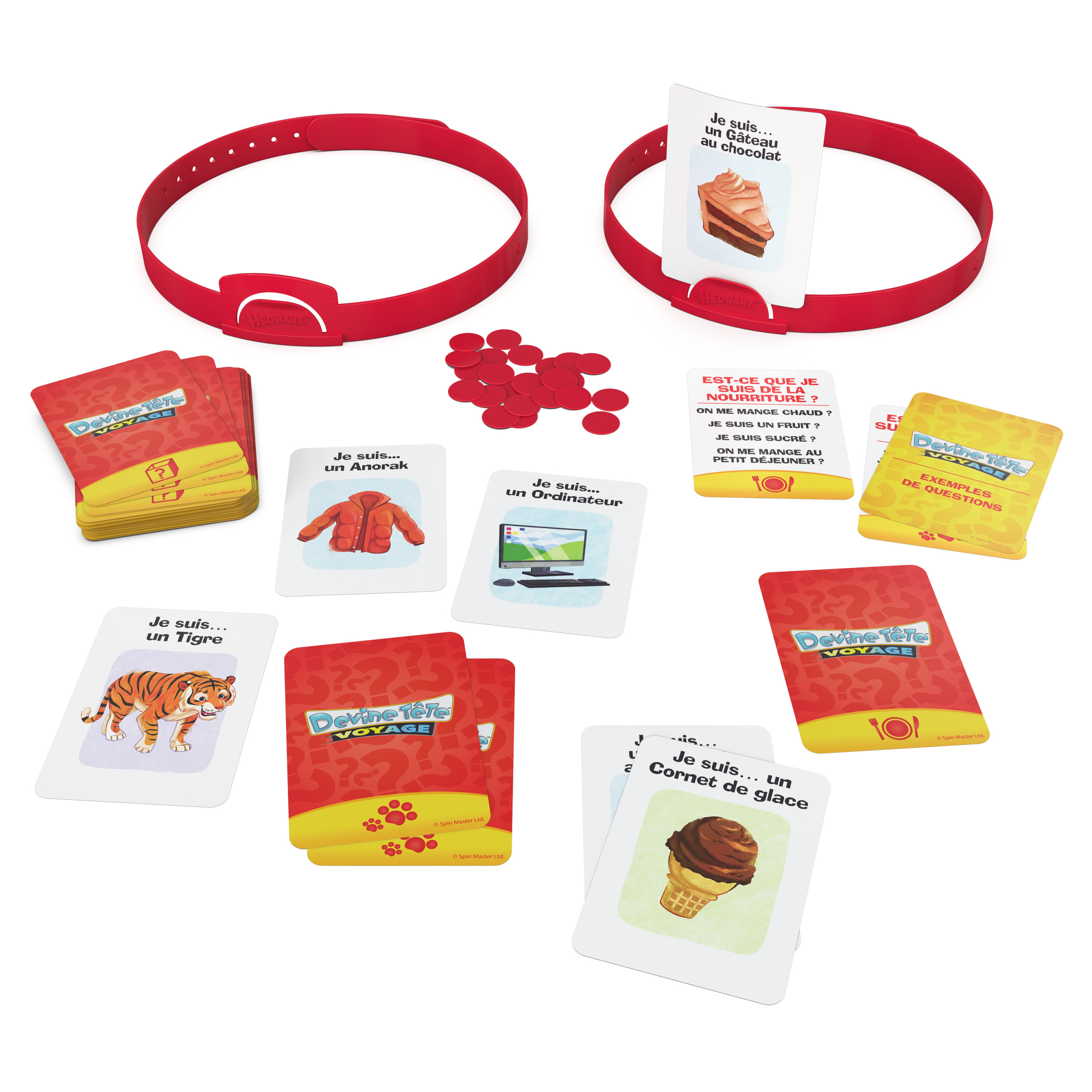 Spiel mit Karten und Stirnbändern. Karten zeigen Objekte, Essen und Tiere. Stirnbänder sind rot.