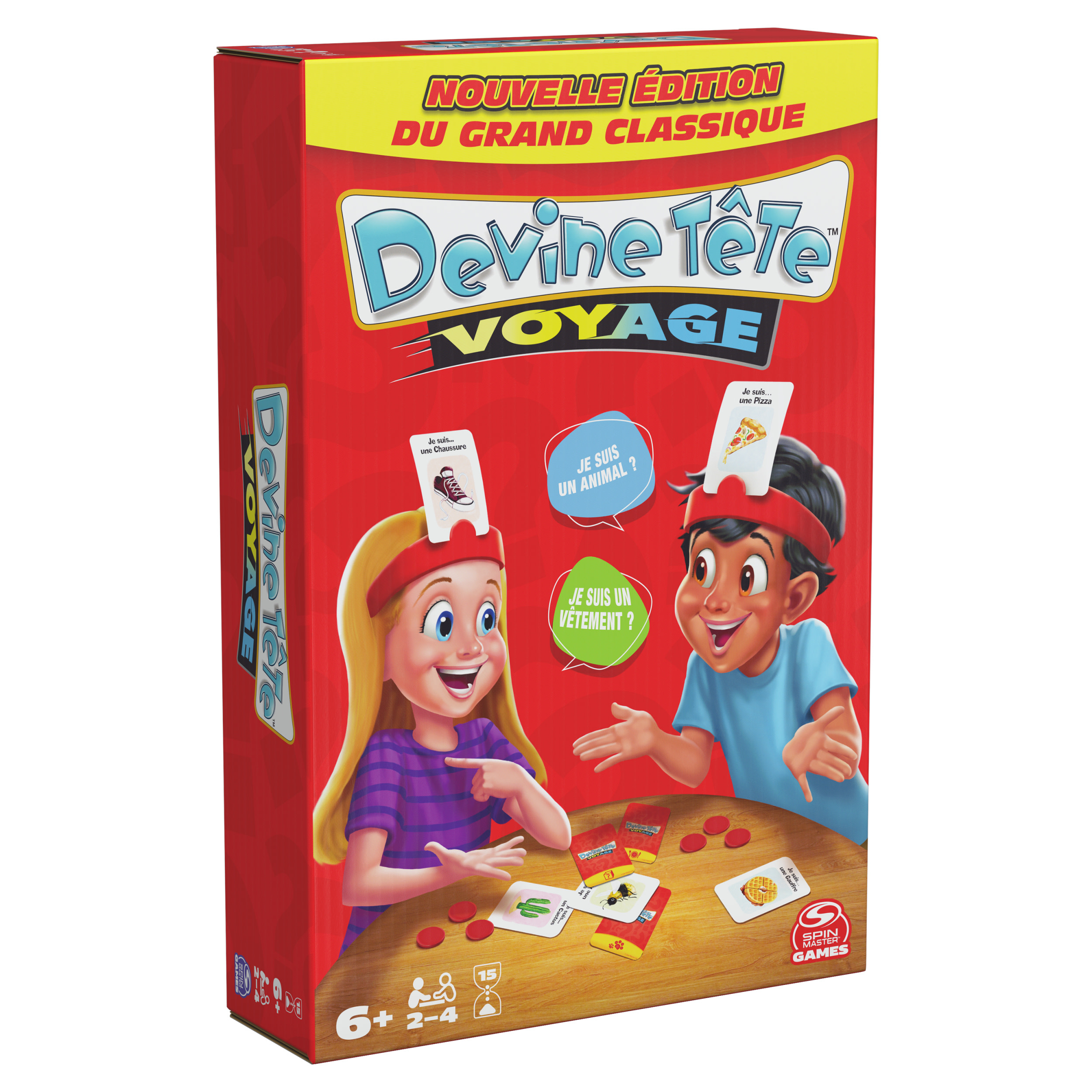 Eine Brettspielbox mit rotem Hintergrund. Die Box zeigt zwei Kinder, die mit Stirnbändern spielen.