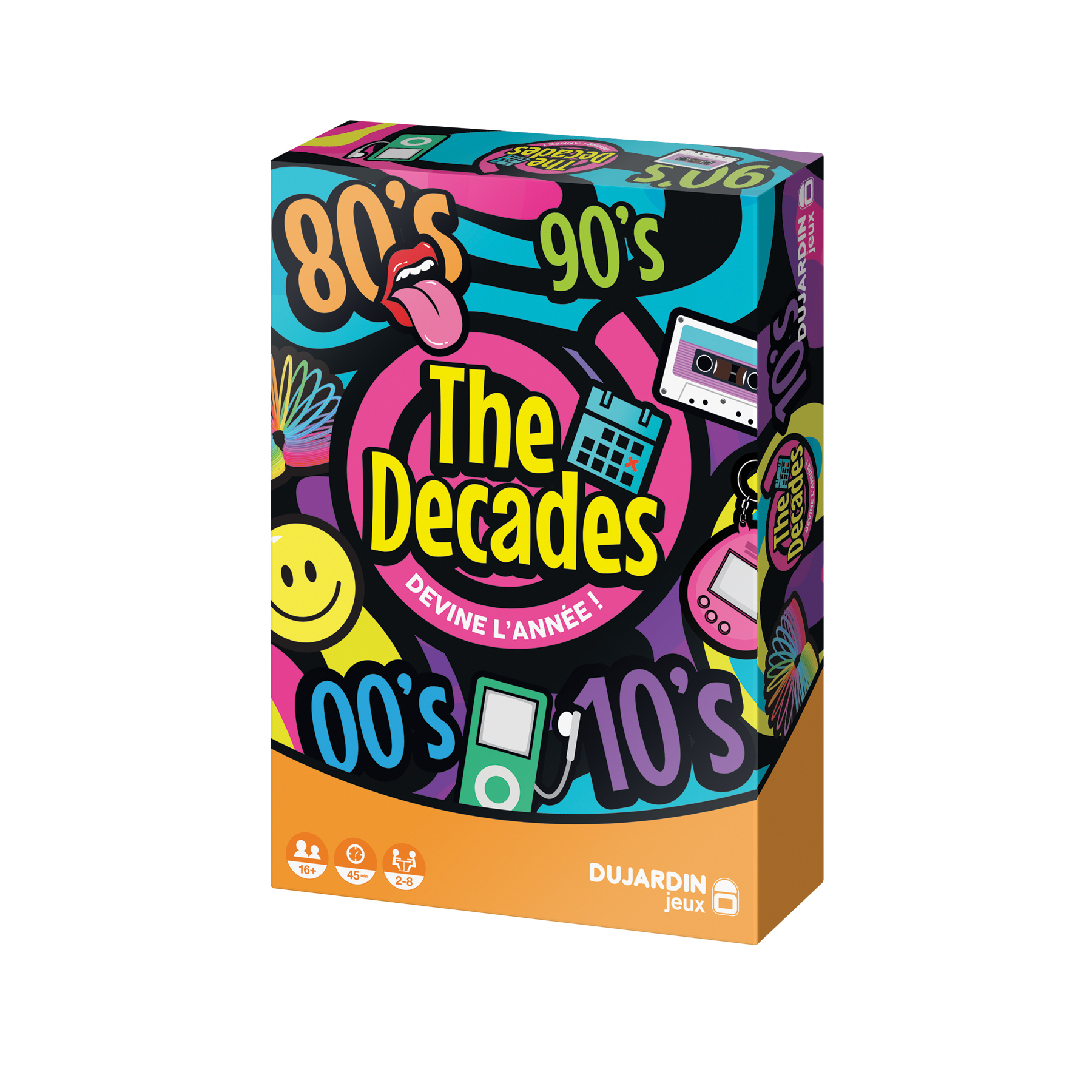 Brettspielbox mit dem Titel 'The Decades'. Es hat farbenfrohe Grafiken mit 80er, 90er, 00er und 10er Themen.