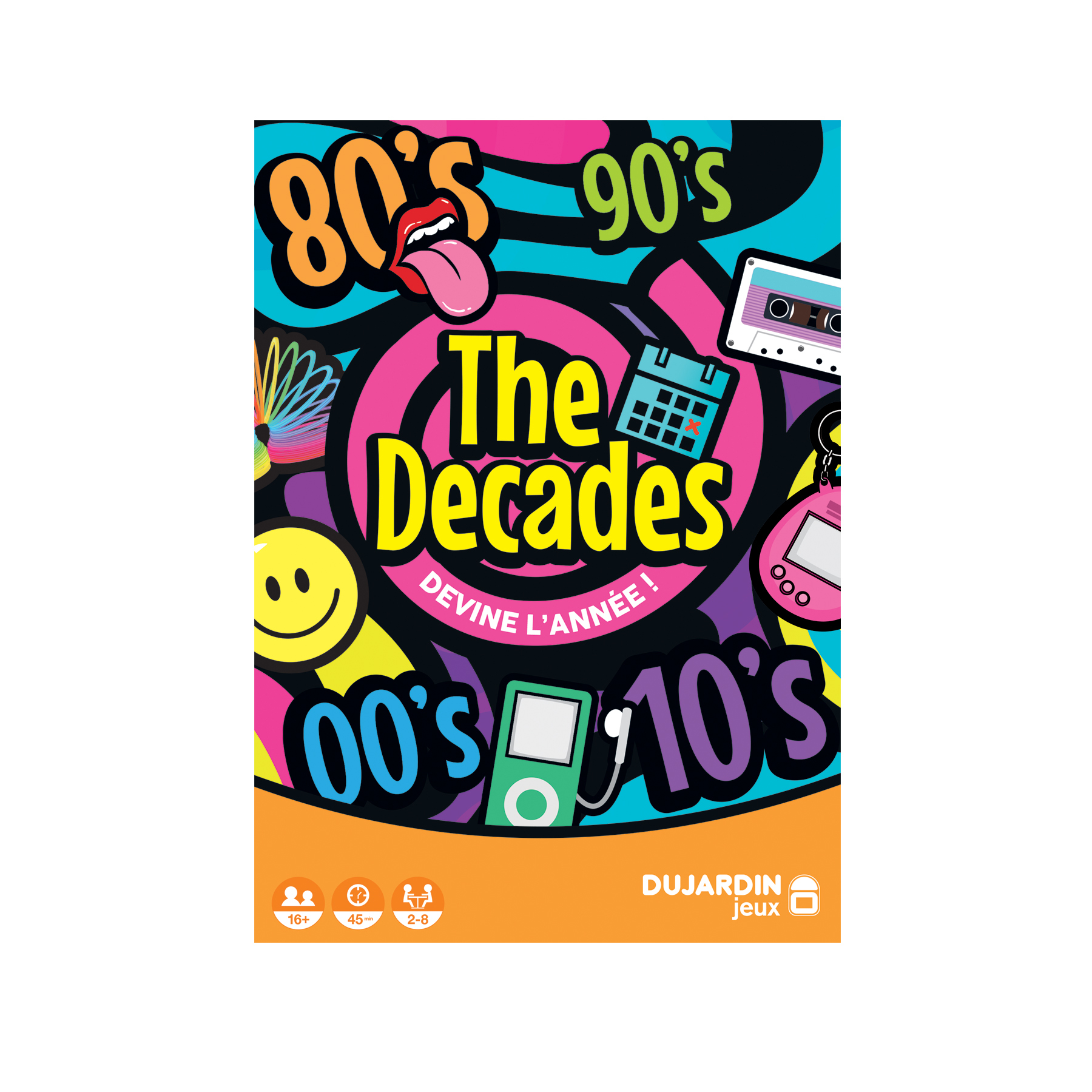 Schachtel des Brettspiels The Decades. Die Schachtel zeigt farbenfrohe Grafiken.
