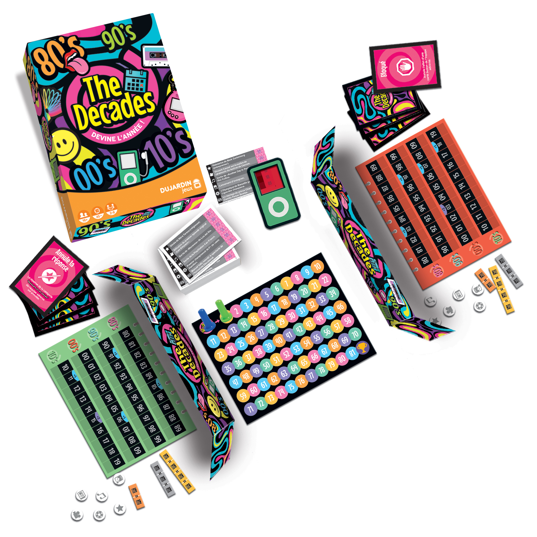Das Decades-Brettspiel mit Karten, Spielbrett und Spielsteinen. Verschiedene Spielkomponenten sind angeordnet.