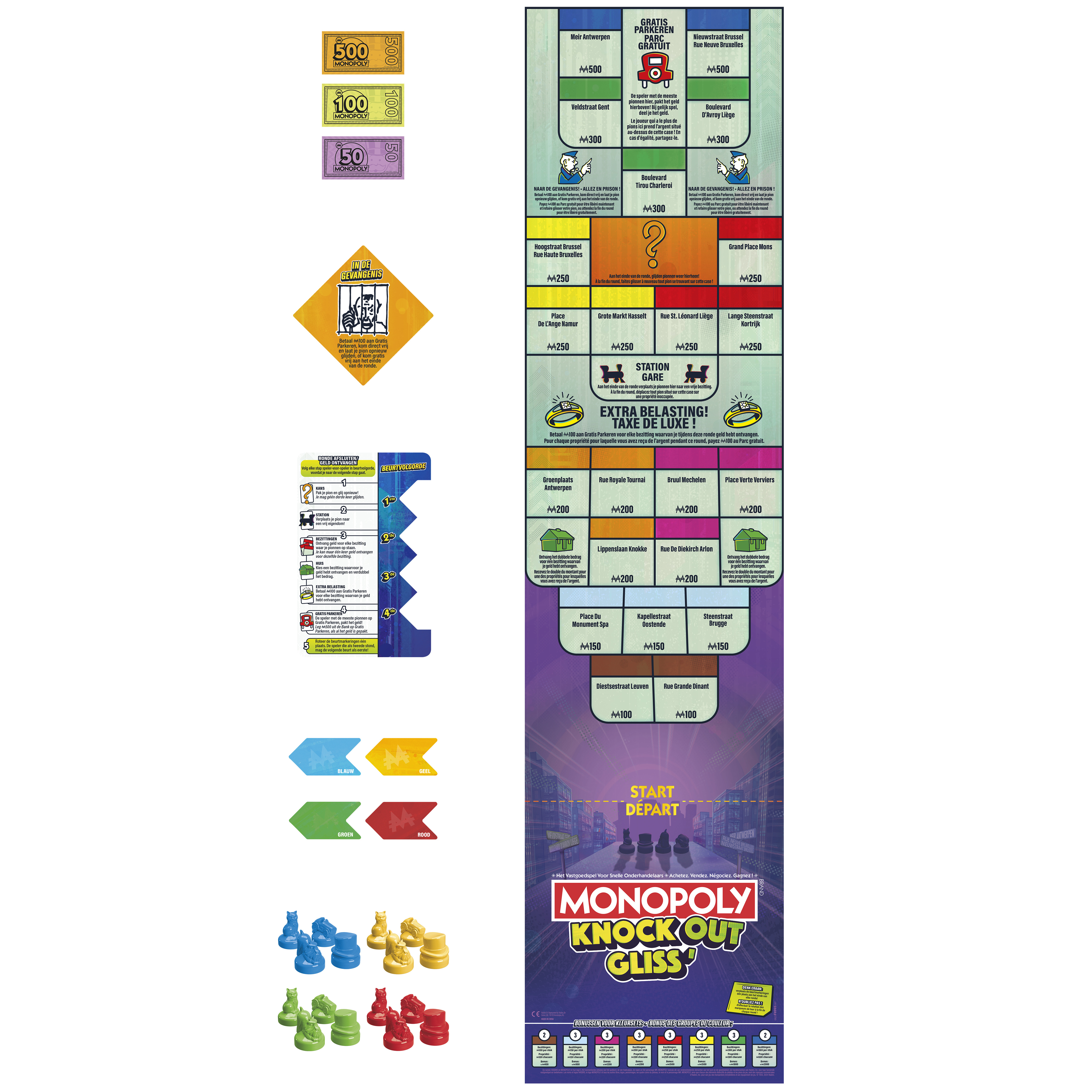 Monopoly board game elements. Including money, game board parts, and game pieces.