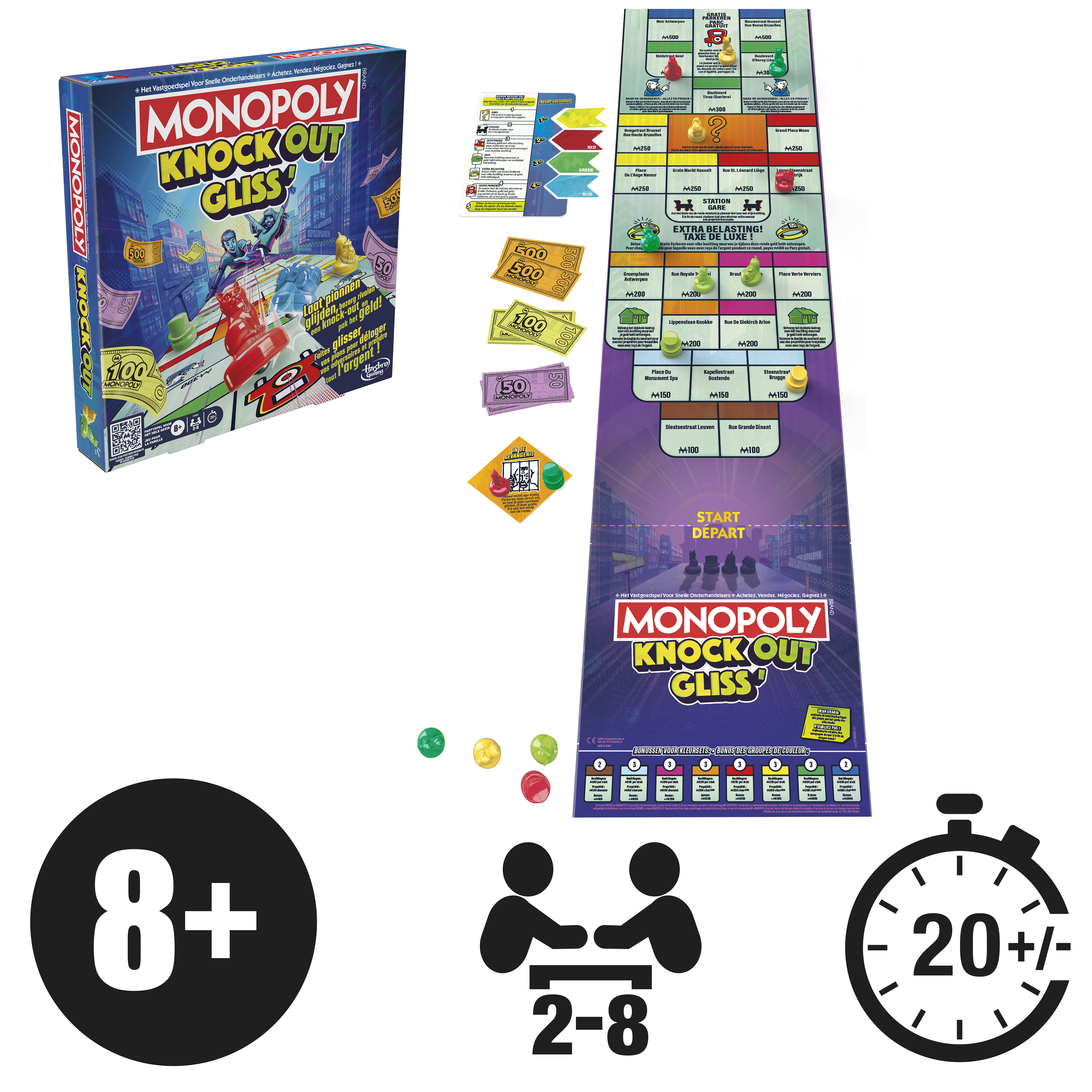 Monopoly Knockout Gliss game with board, pieces, and box, with game info and timer icon.