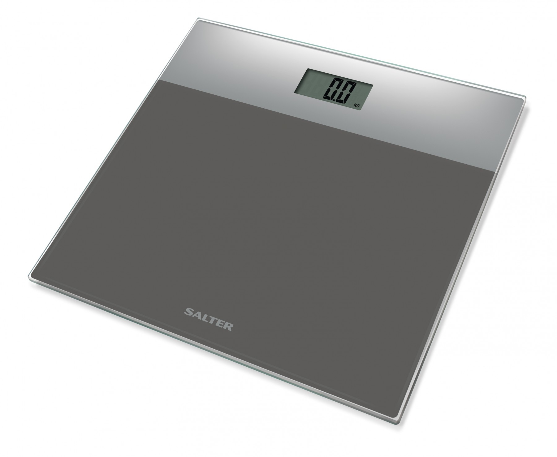 Una bilancia digitale con superficie grigio scuro e parte superiore argentata. Il display mostra 0,0 kg.