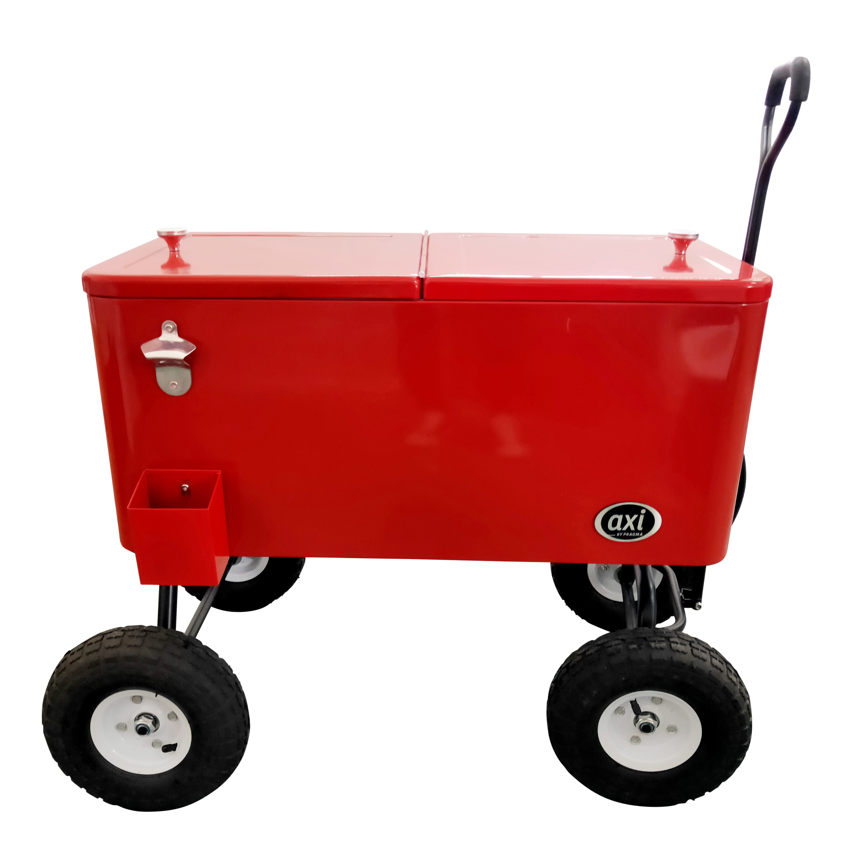 Ein roter Beachwagon-Kühler auf Rädern, mit Griff, Flaschenöffner und Seitenablage.