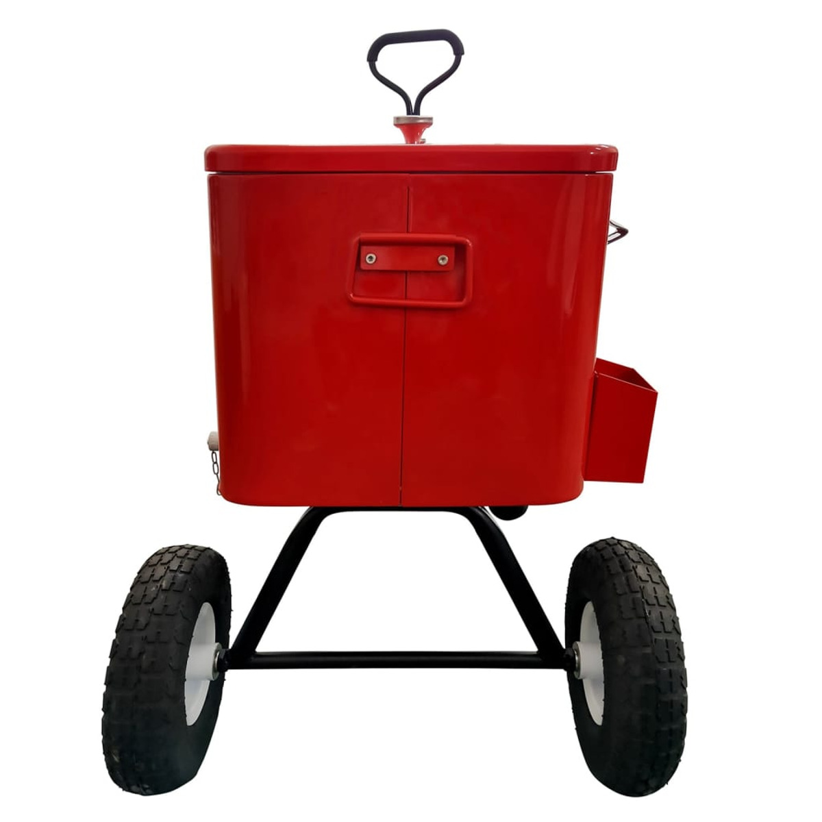 Ein roter Beachwagon-Kühler mit schwarzem Rahmen und Rädern, von hinten gesehen.