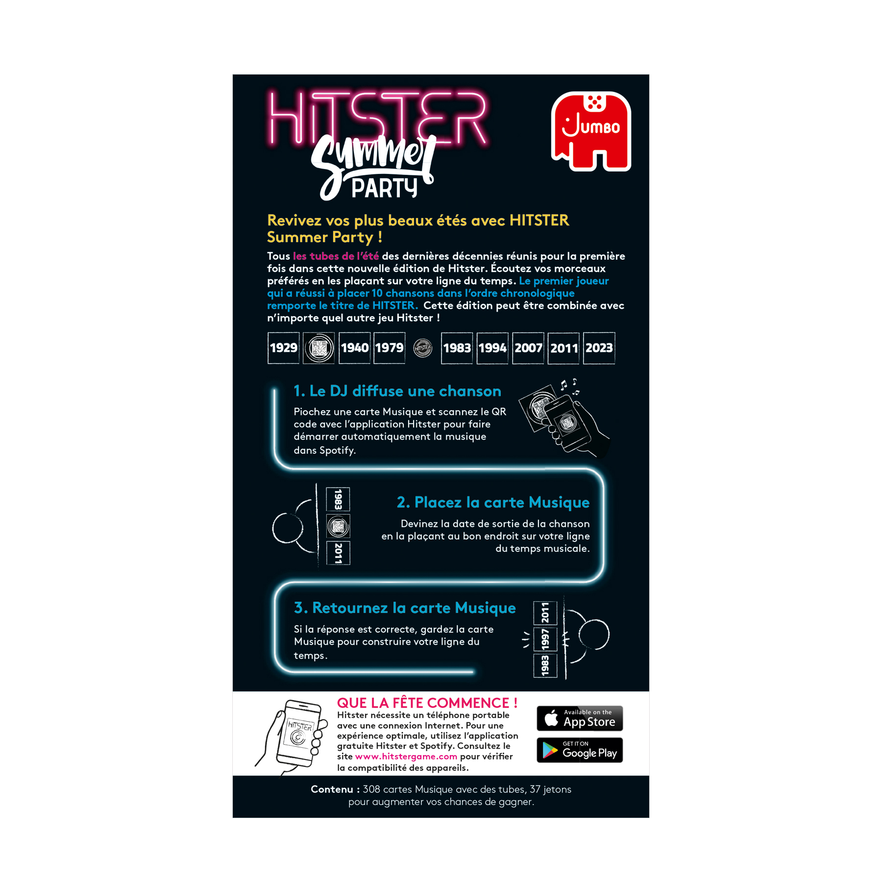 Een infographic met tekst, QR-code en afbeeldingen die het Hitster Summer Party-spel uitleggen.