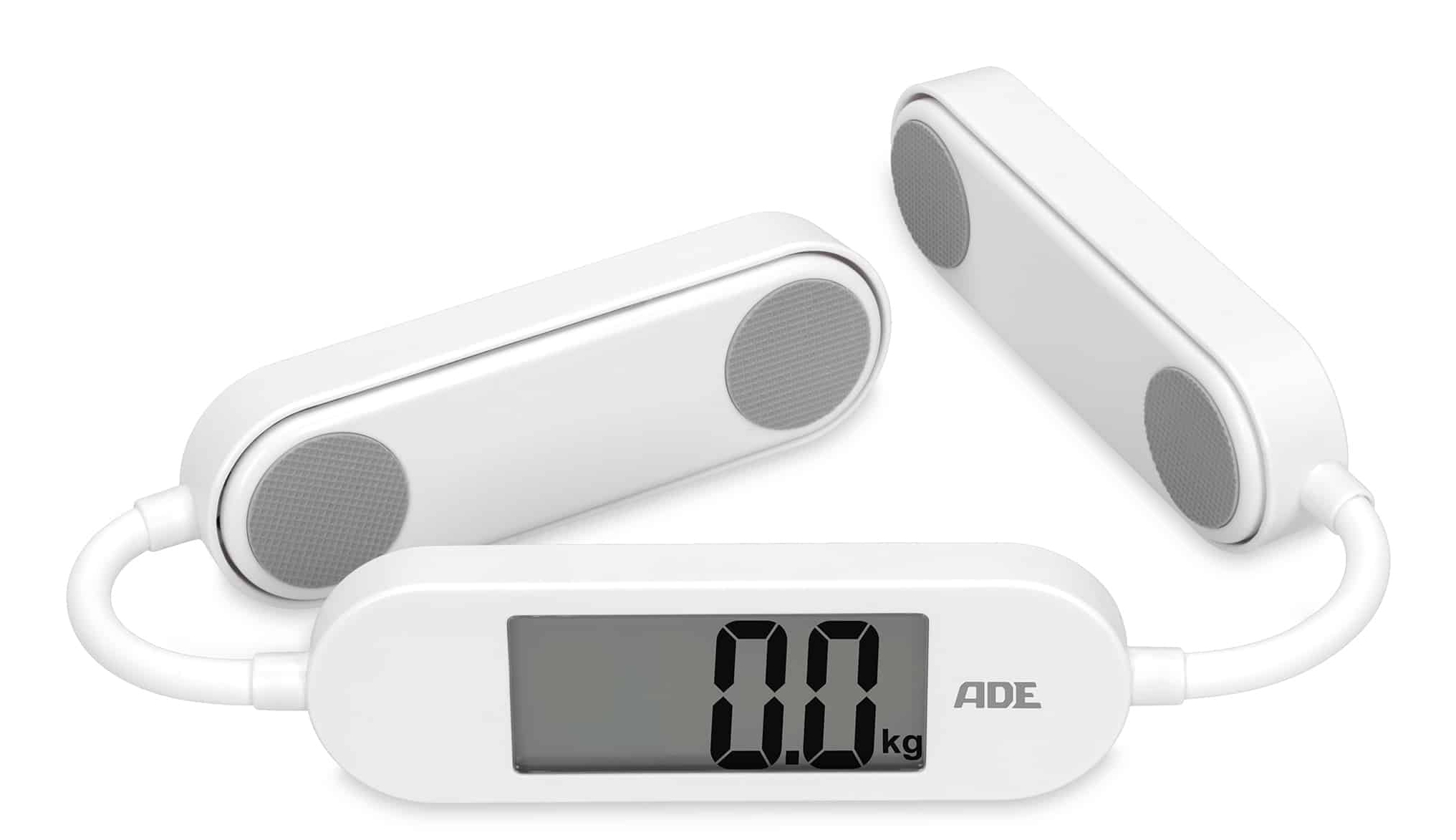 Biała waga do pomiaru tkanki tłuszczowej z wyświetlaczem cyfrowym pokazującym 0,0 kg.