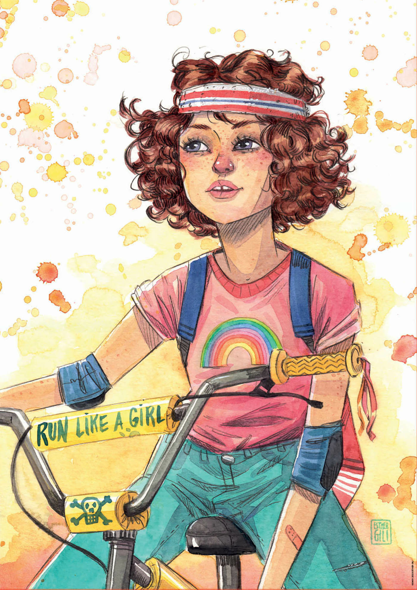 Una ilustración colorida de una niña en bicicleta, con una diadema y una camiseta de arcoíris.