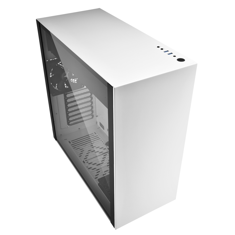 Case per computer bianco con un pannello laterale in vetro. L'interno è visibile, con componenti installati.
