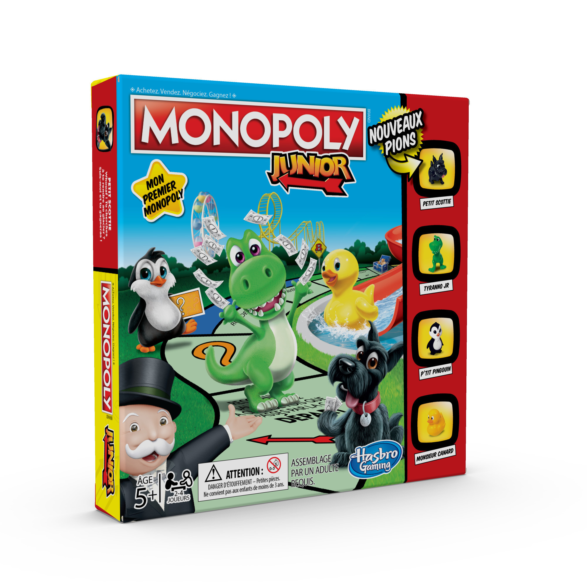 Monopoly Junior Spielkasten. Es zeigt Charaktere und Brettspielelemente.