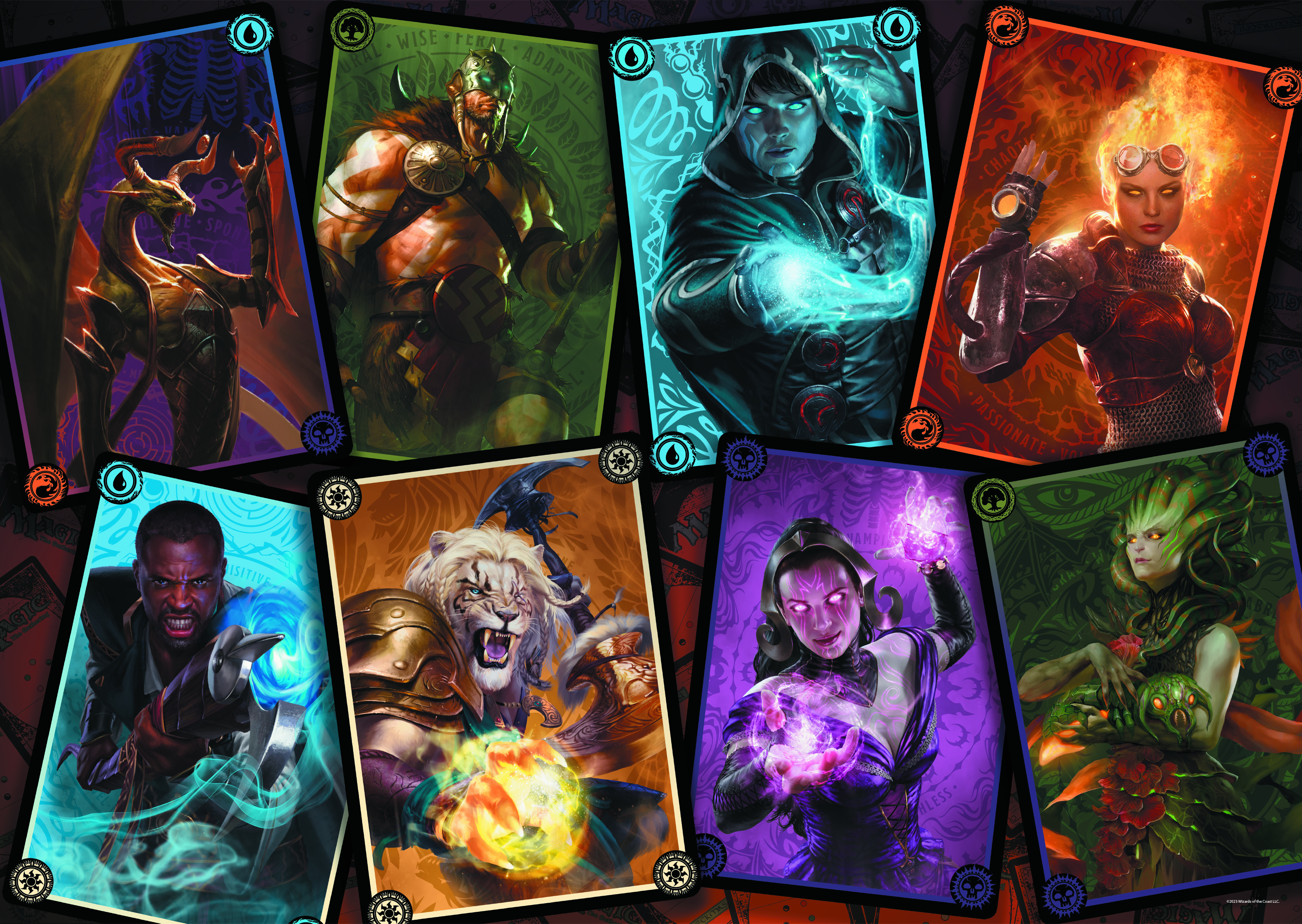 Cartas mágicas con personajes. Cada carta presenta un personaje diferente con bordes ornamentados sobre un fondo oscuro.