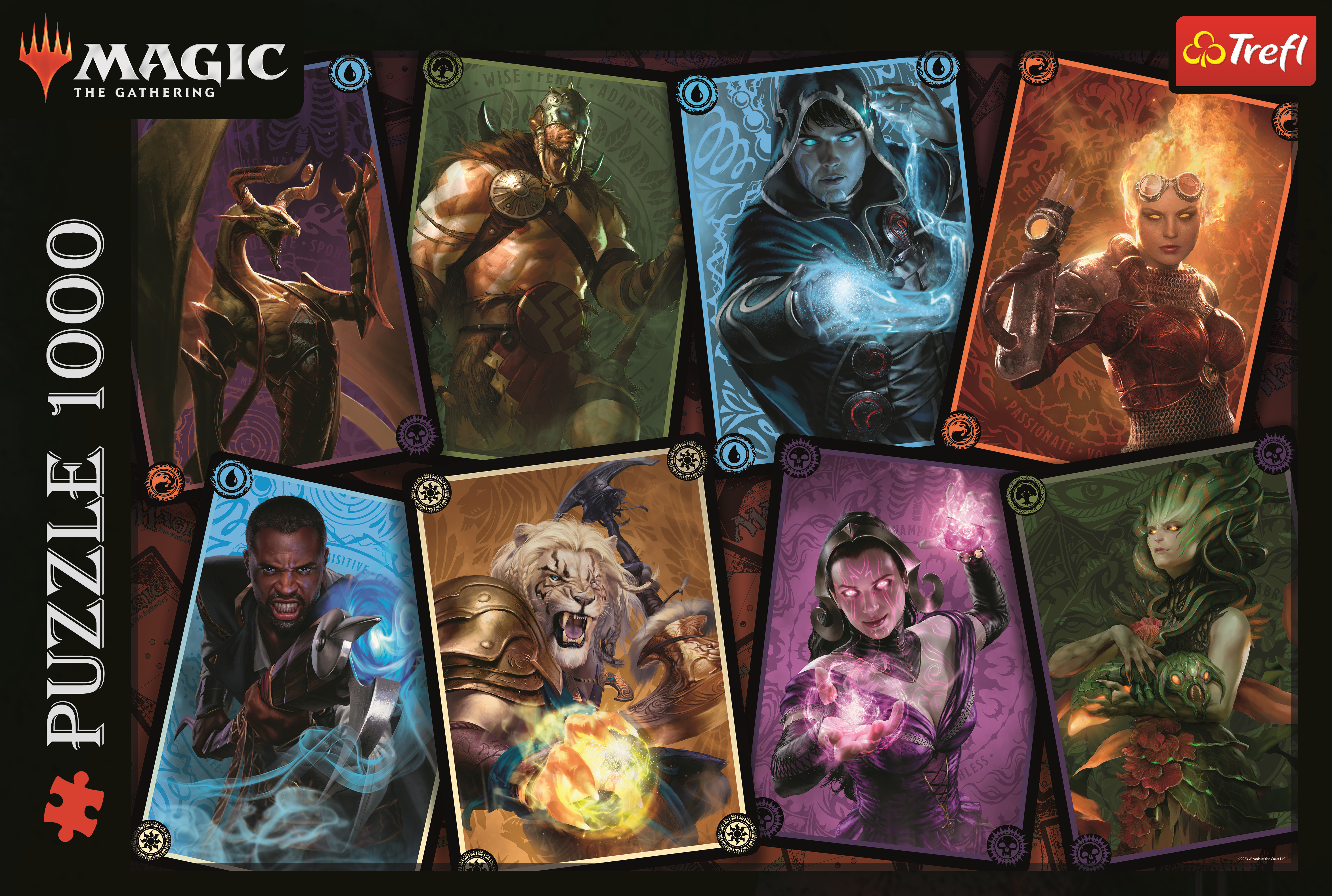 Una caja de rompecabezas Magic de 1000 piezas con cartas de diferentes personajes.