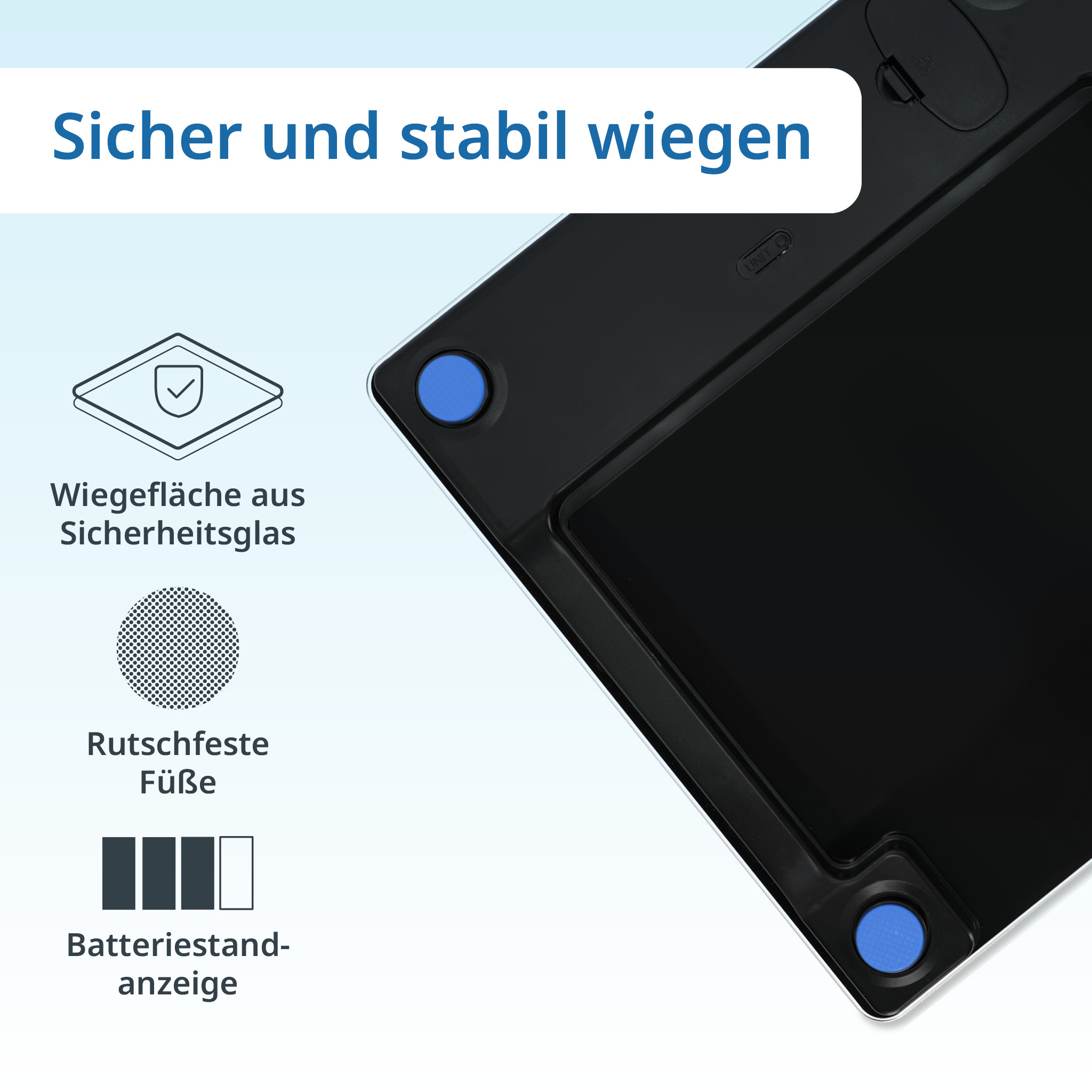 Czarna waga cyfrowa z niebieskimi nóżkami, biały tekst. U góry napis 'Sicher und stabil wiegen'.