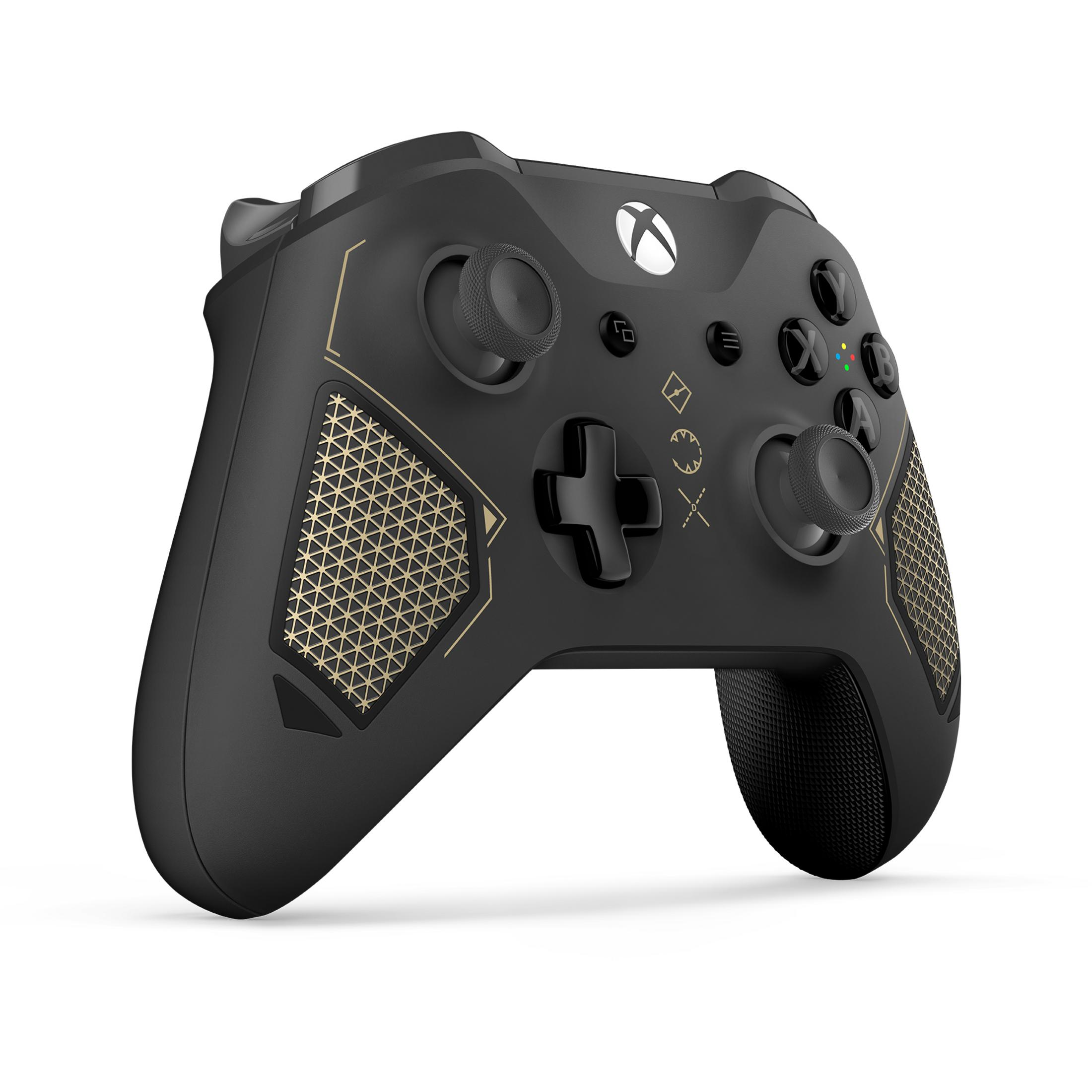 Schwarzer Xbox-Controller. Mit goldenen Akzenten um die Knöpfe und einem leuchtenden Xbox-Logo.