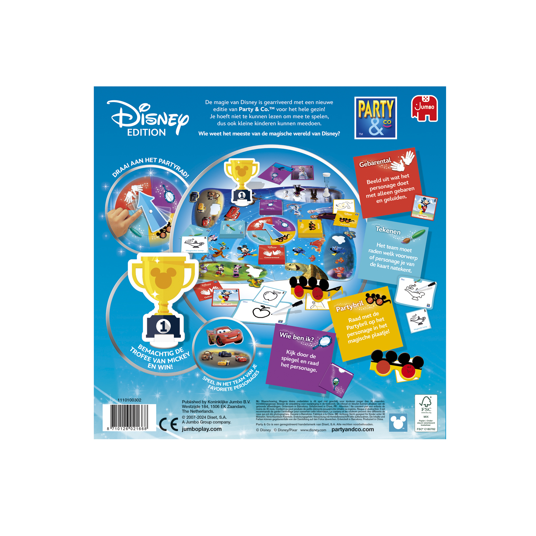 Achterkant van de Disney Party & Co. speldoos, met spelelementen en instructies.