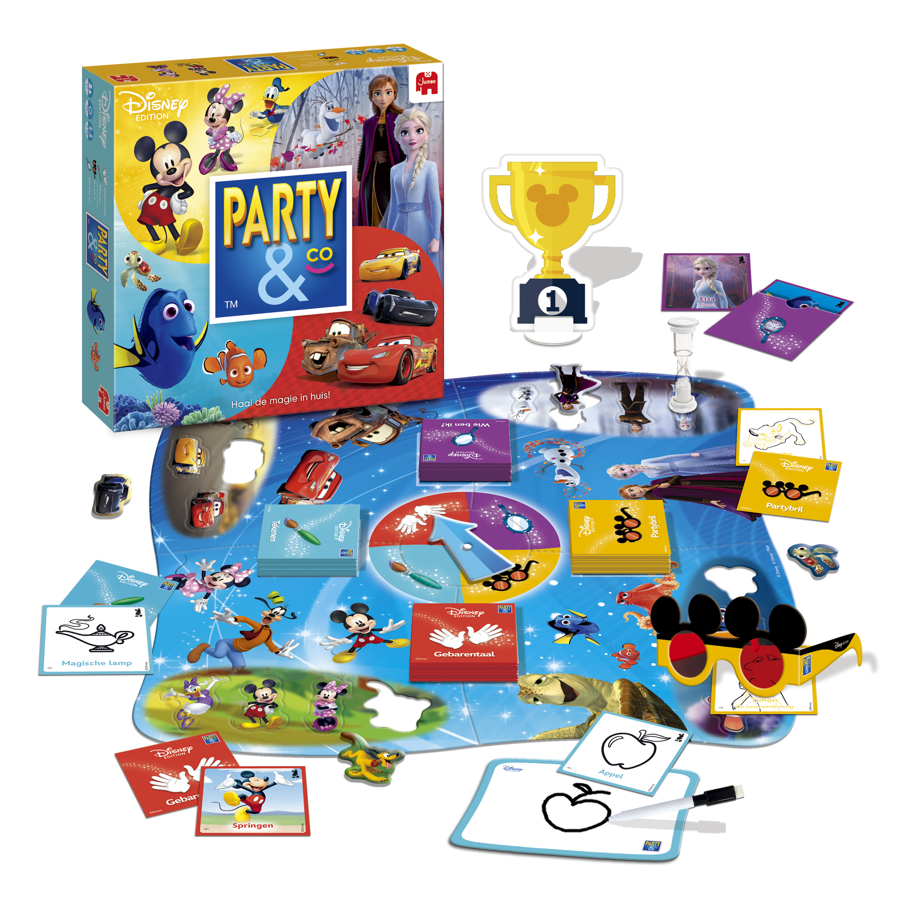 Disney Party & Co speldoos met diverse spelcomponenten.