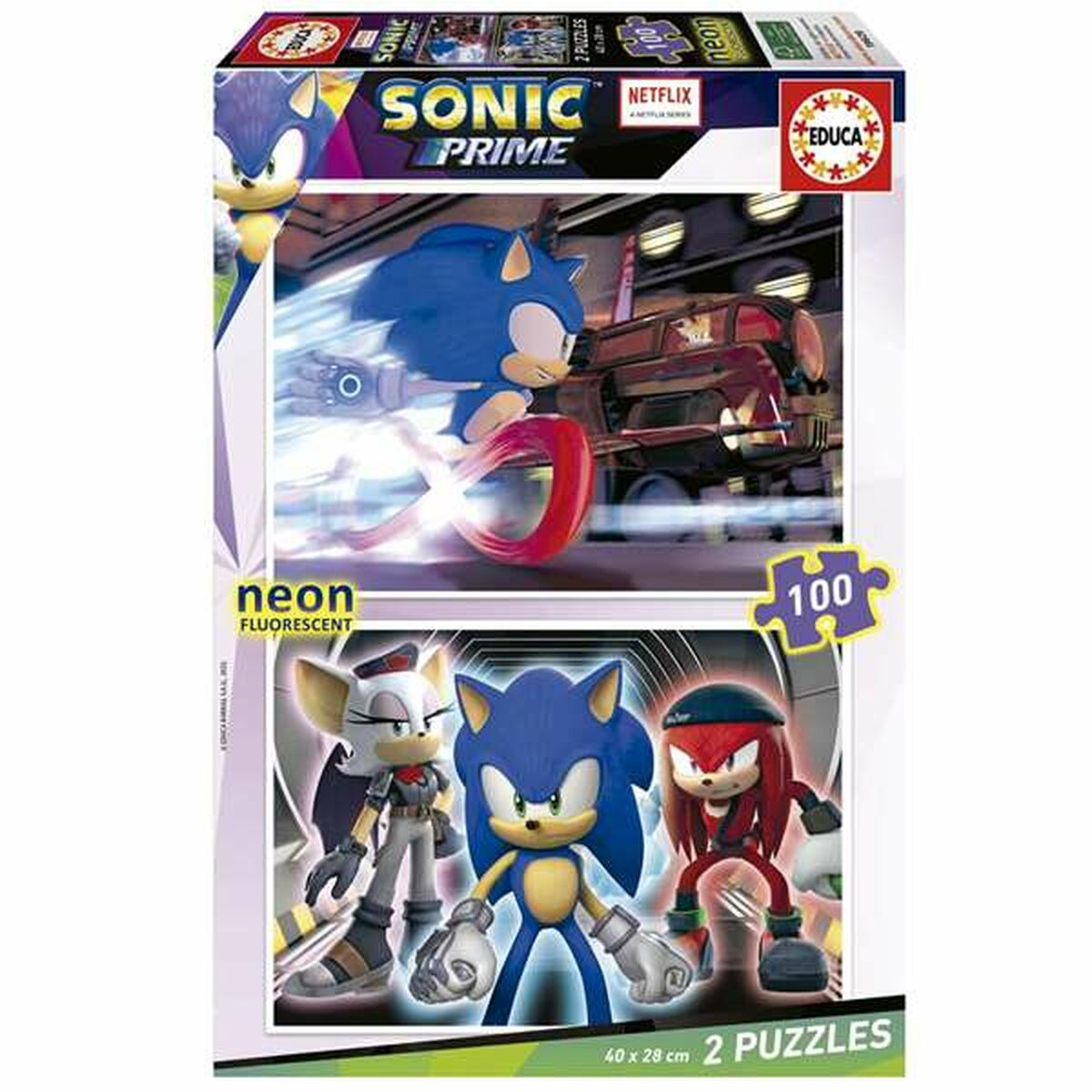 Scatola puzzle neon Sonic Prime con Sonic e altri personaggi.