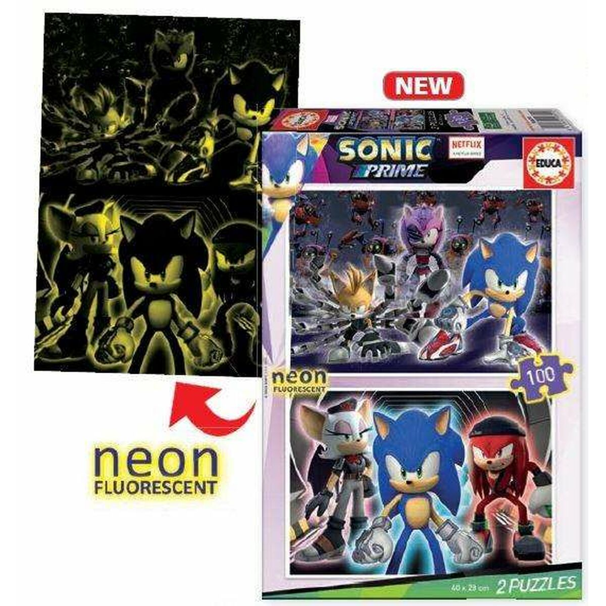 Scatola puzzle Sonic Prime. Personaggi e logo color neon sono visualizzati sulla scatola.