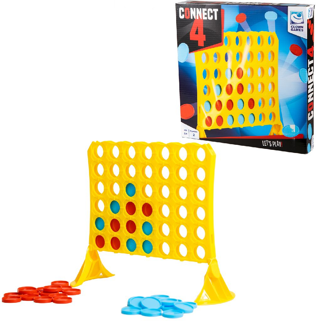 Connect 4 spelset met spelbord, fiches en doos.