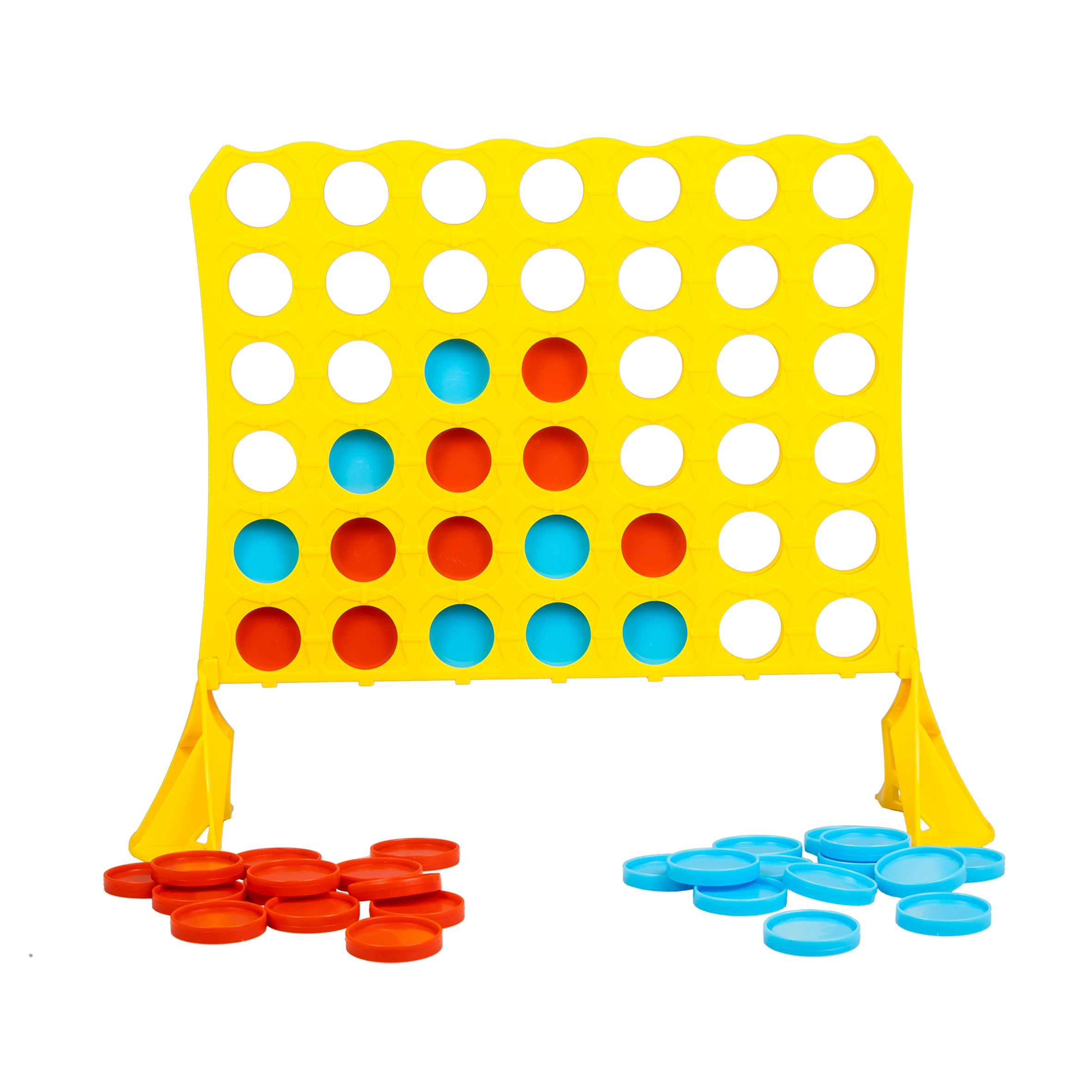 Connect Vier spelbord. Geel frame met rode en blauwe spelstukken.