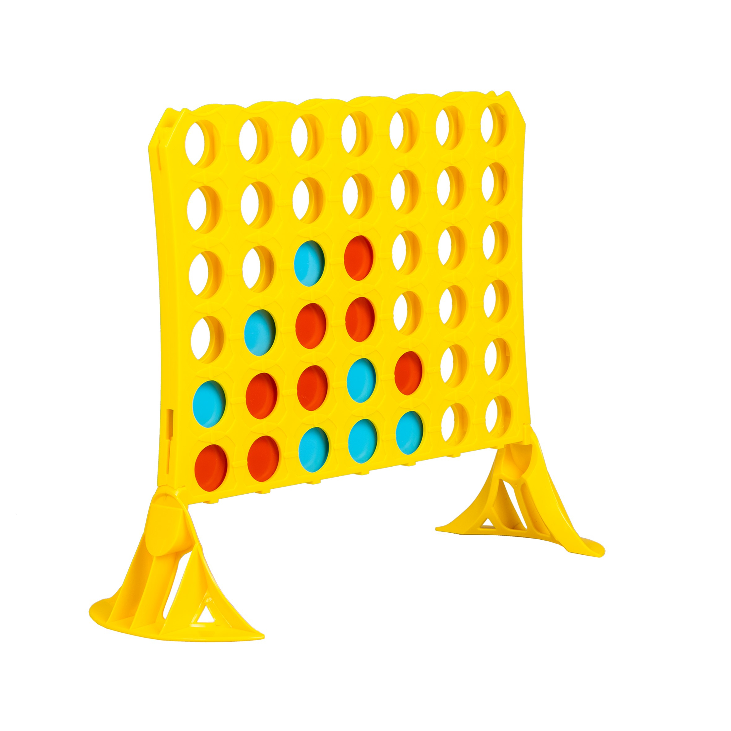 Geel Connect 4 spel. Het spel heeft een gele frame met blauwe en rode schijven in het raster.