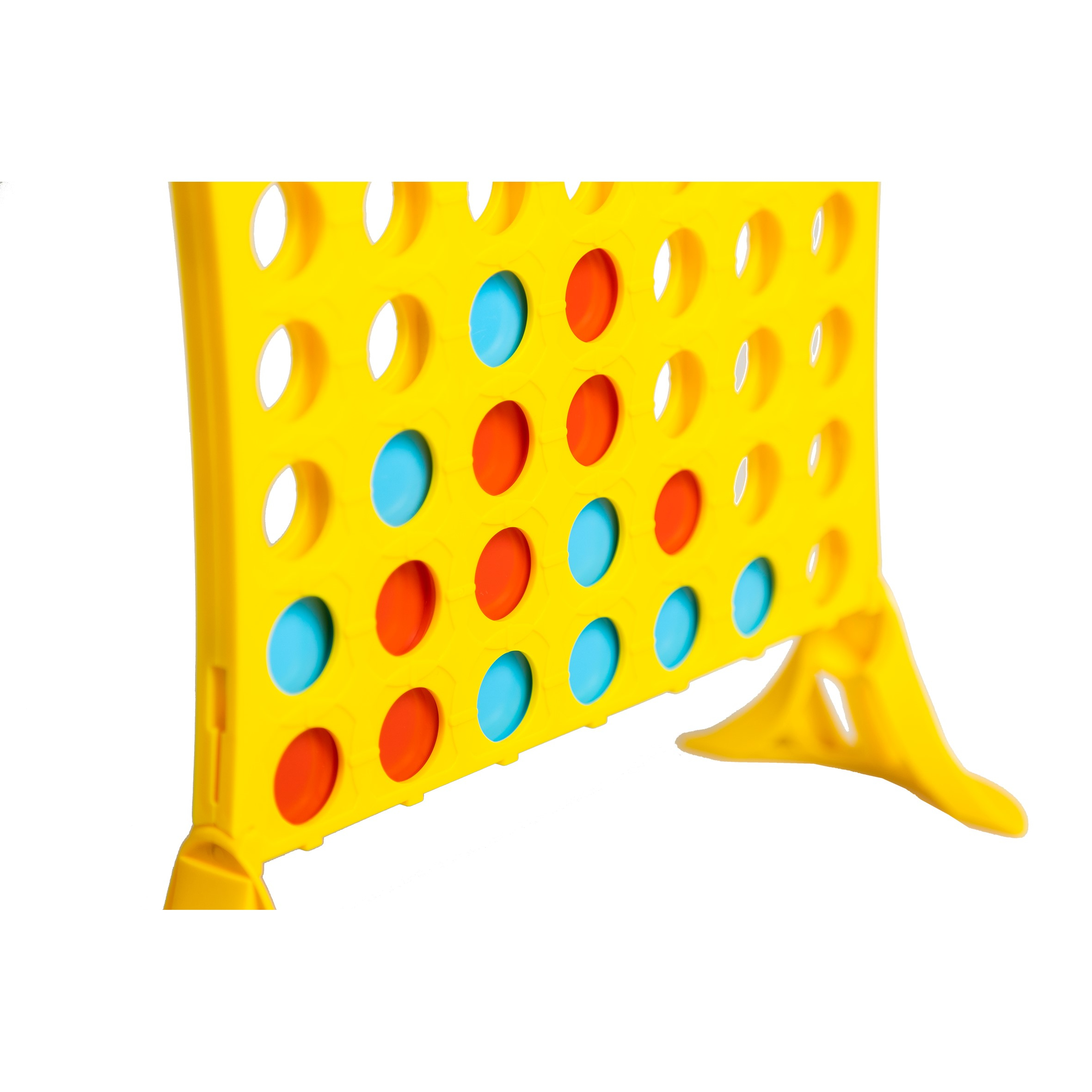 Connect 4 spel. Het spel heeft een gele frame met blauwe en rode schijven.