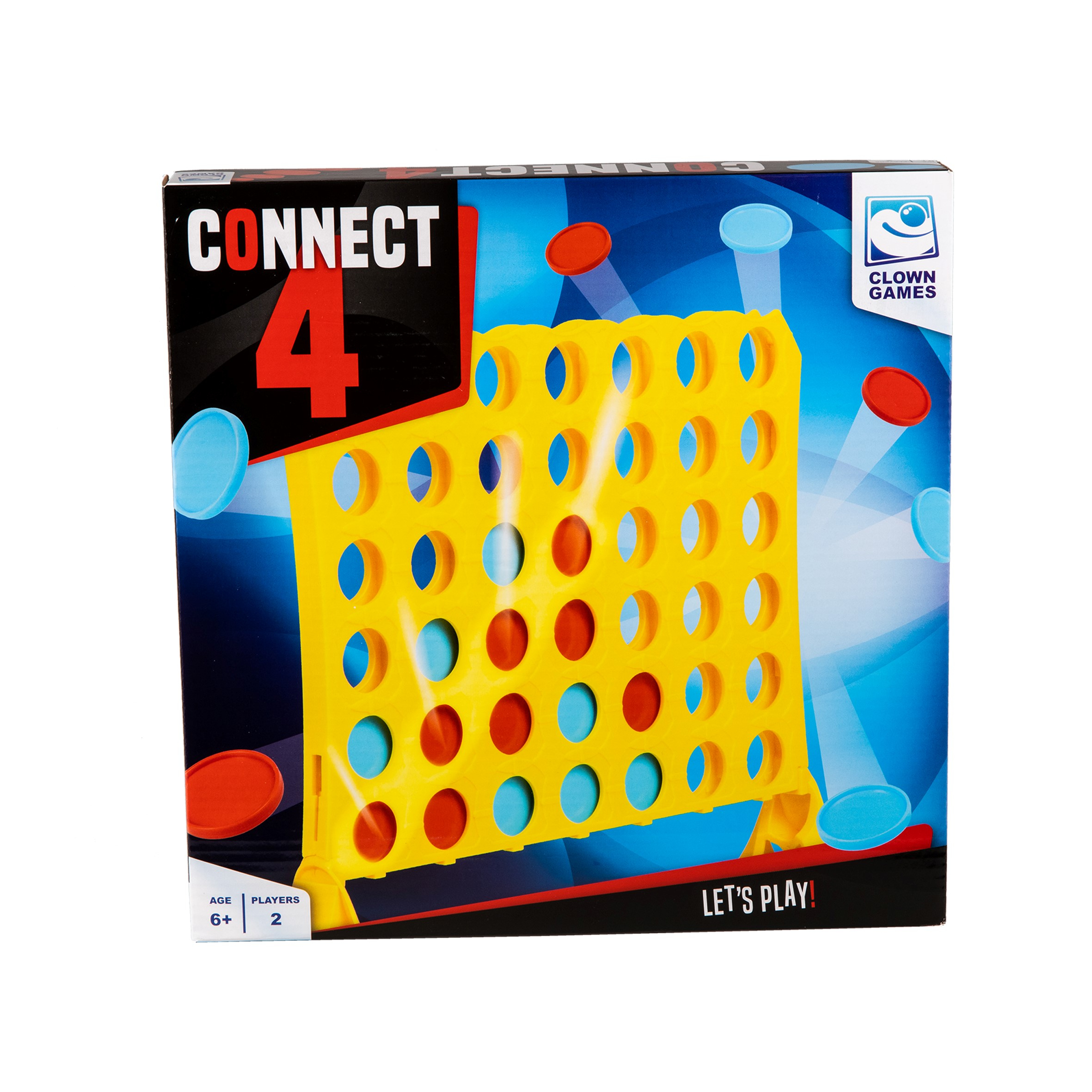 Connect 4 speldoos. De doos toont het spelbord en de speelstukken.