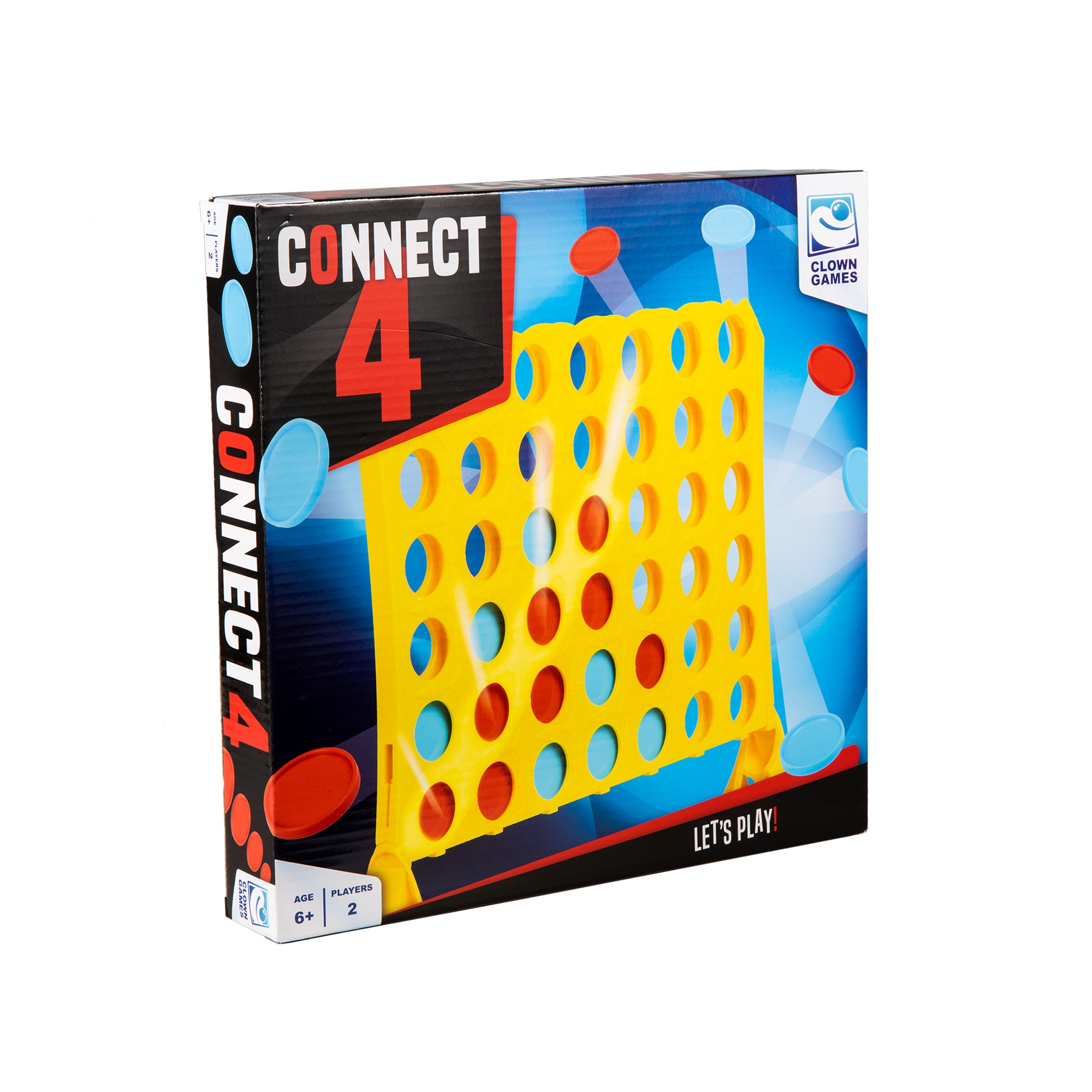 Connect 4 speldoos. De doos is geel en bevat Connect 4 spelstukken. De doos heeft blauwe en rode kleuren.