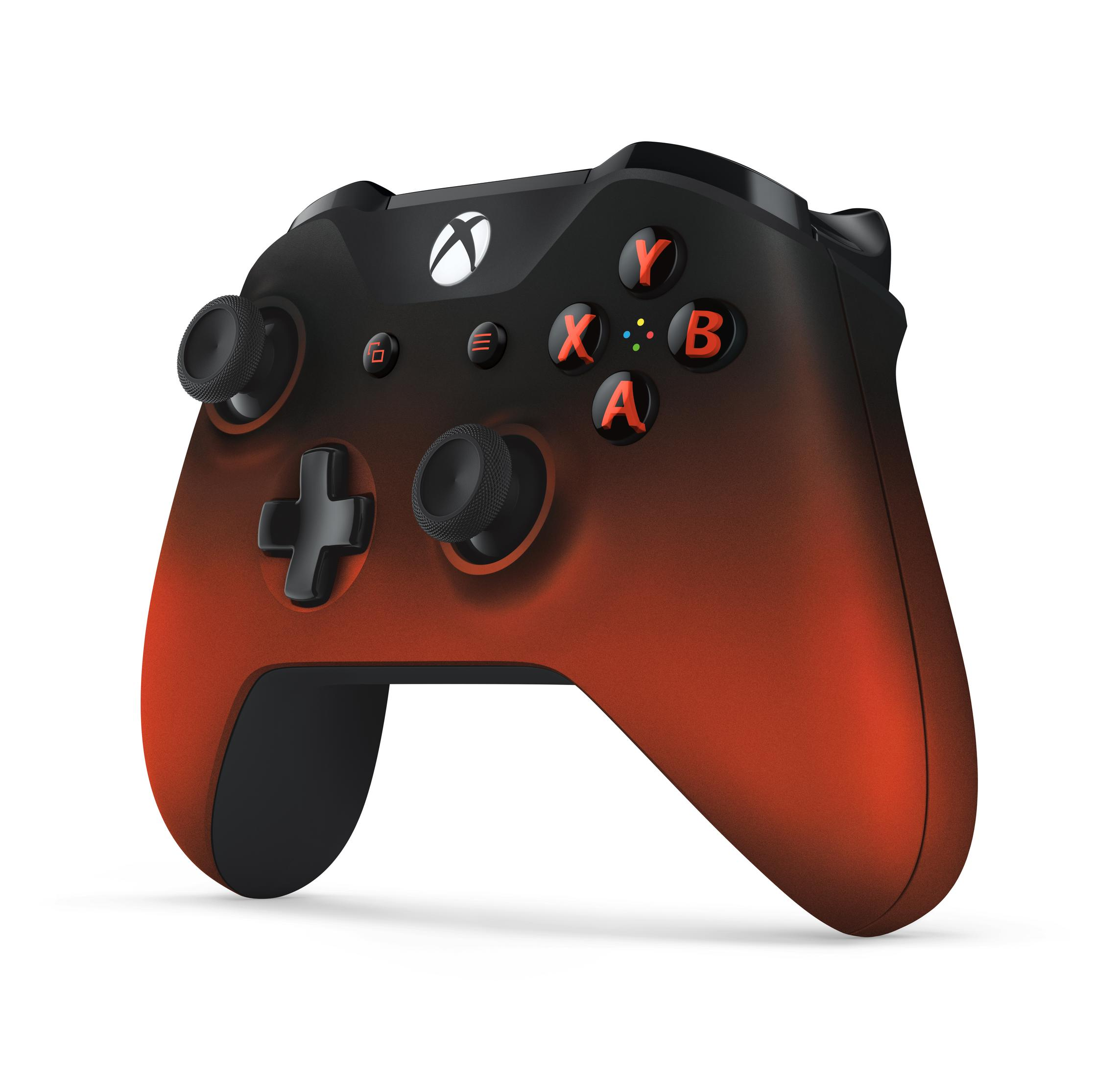 Xbox Volcano Shadow Controller. Der Controller ist schwarz und orange mit schwarzen Knöpfen.