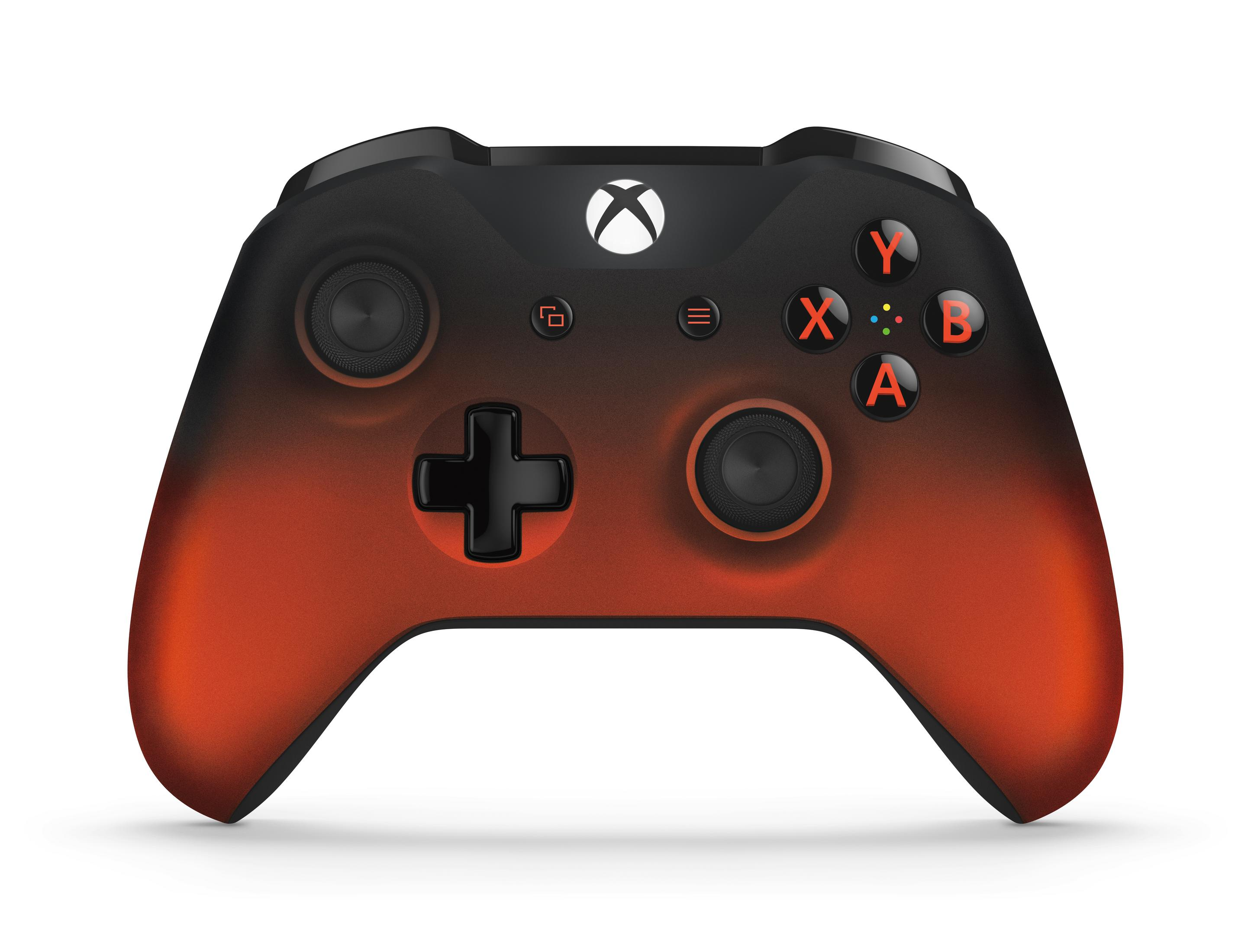 Schwarz-oranger Xbox-Controller mit den Tasten X, Y, A und B auf weißem Hintergrund.