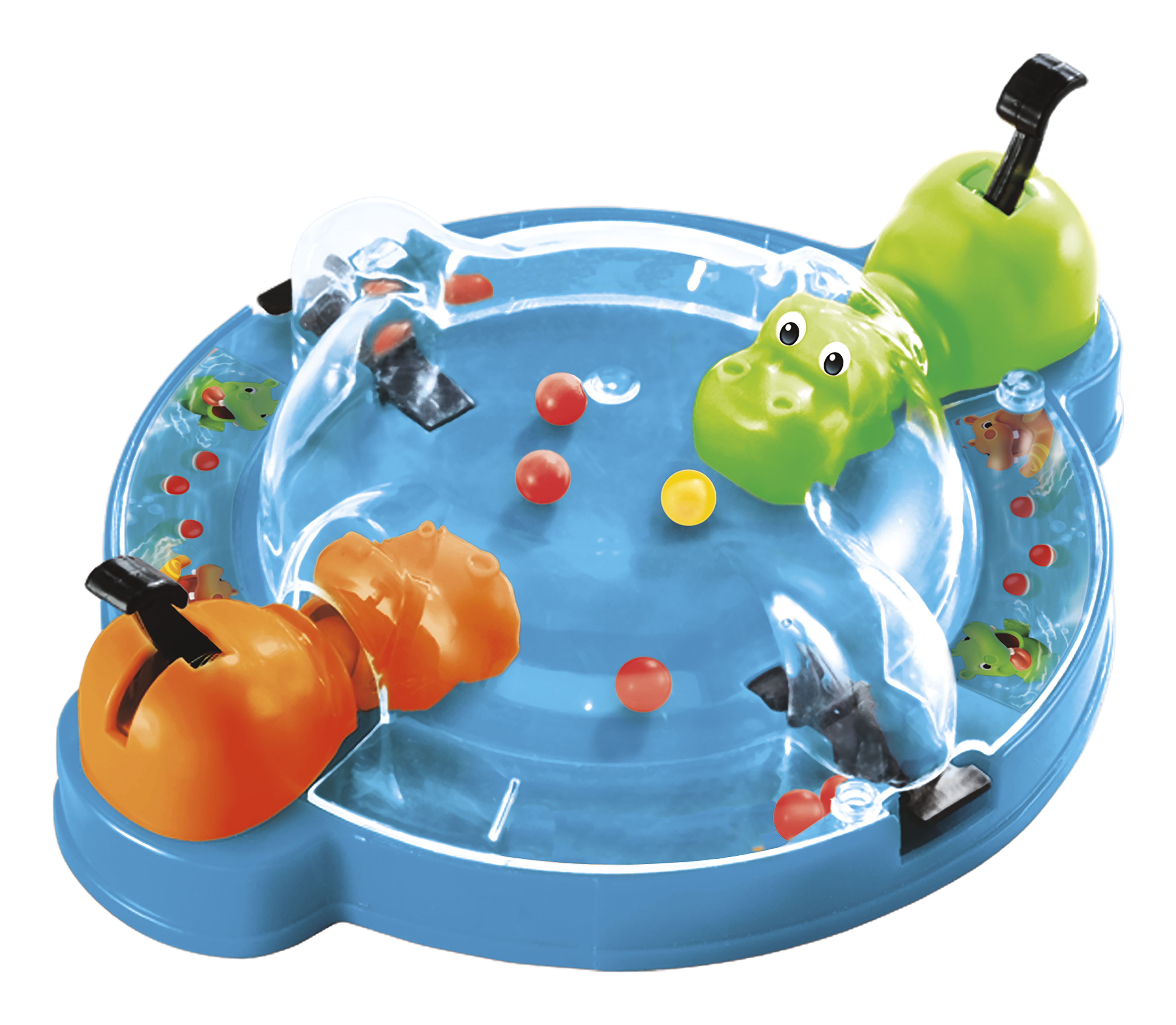 Juego Hungry Hungry Hippos; arena azul con hipopótamos y bolas. Hipopótamos naranjas y verdes.