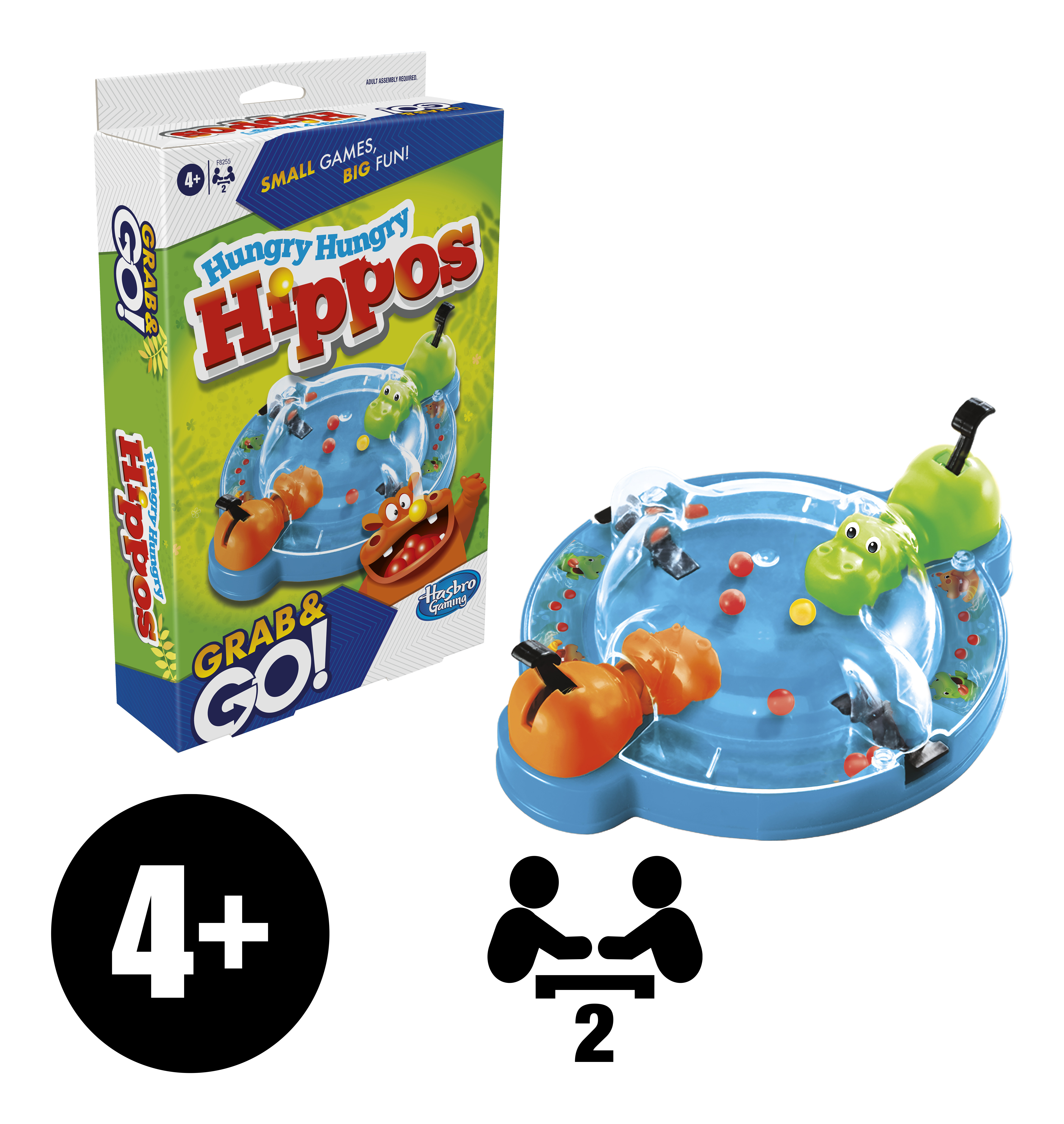 Caja y tablero del juego Hungry Hungry Hippos Grab & Go, con figuras de hipopótamos y bolas.