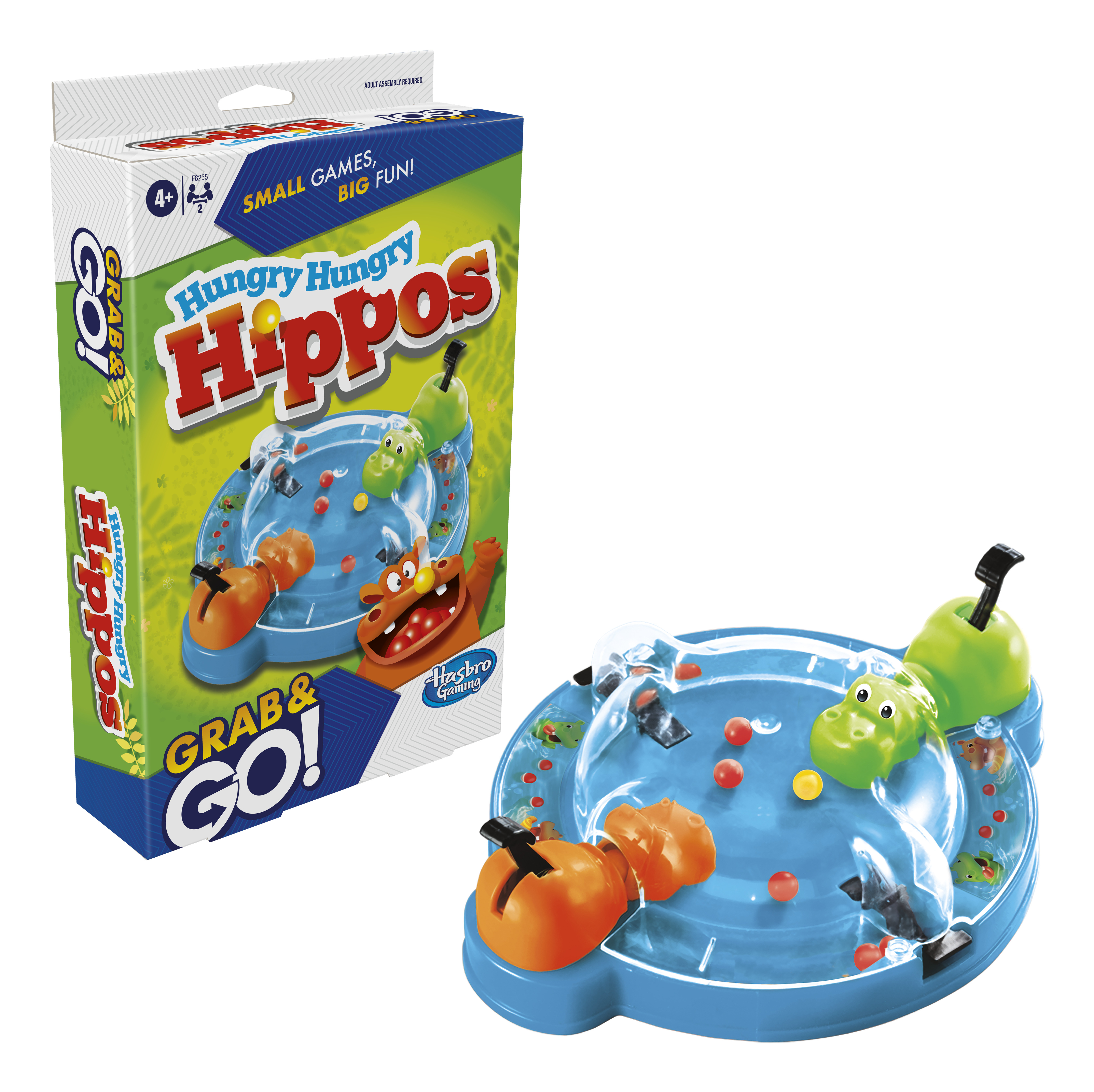 Juego Hungry Hungry Hippos en juego y caja. Muestra hipopótamos, canicas y elementos del juego. Fondo blanco.
