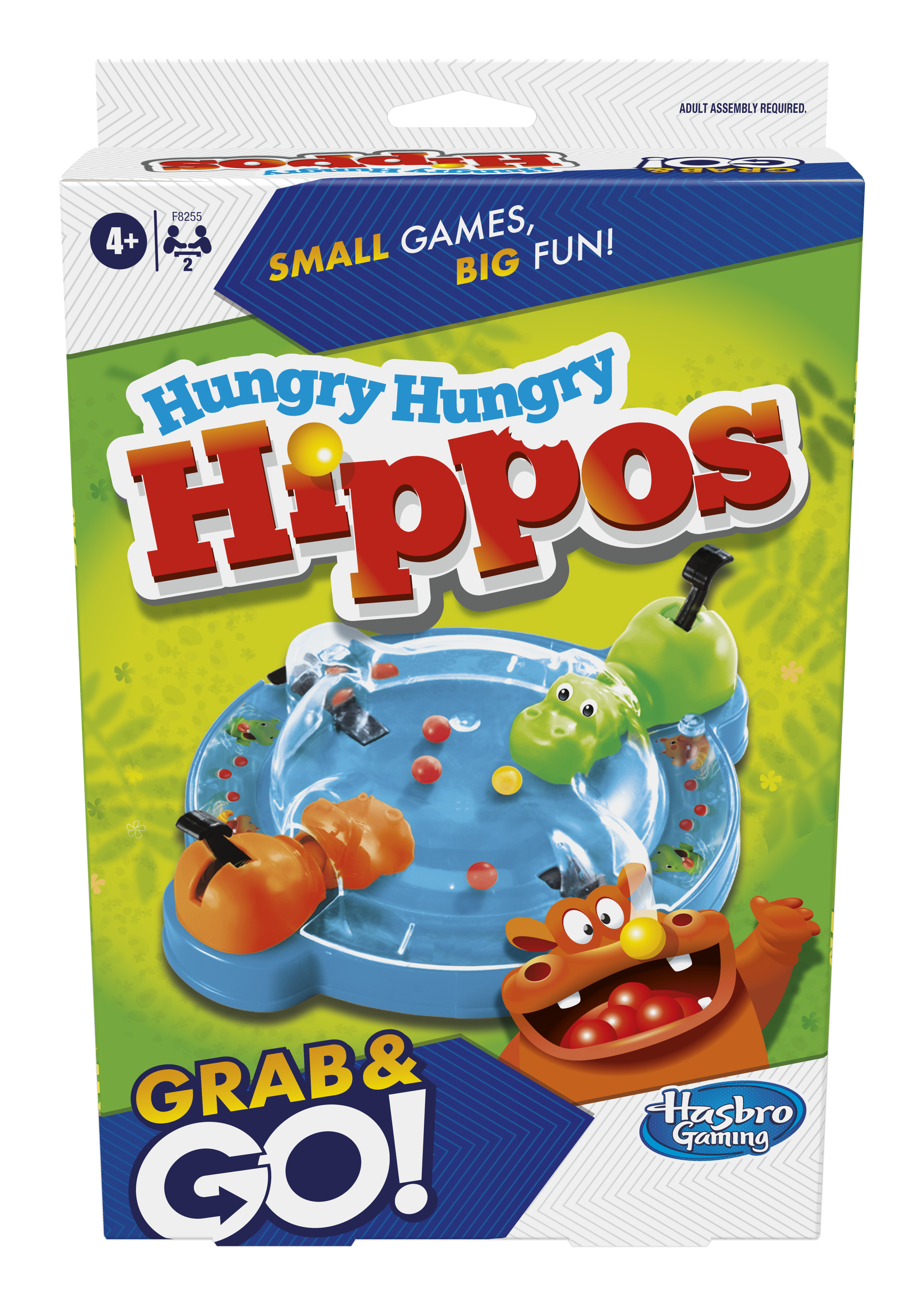 Una caja del juego Hungry Hungry Hippos. Muestra el tablero, los hipopótamos y algunas bolas.