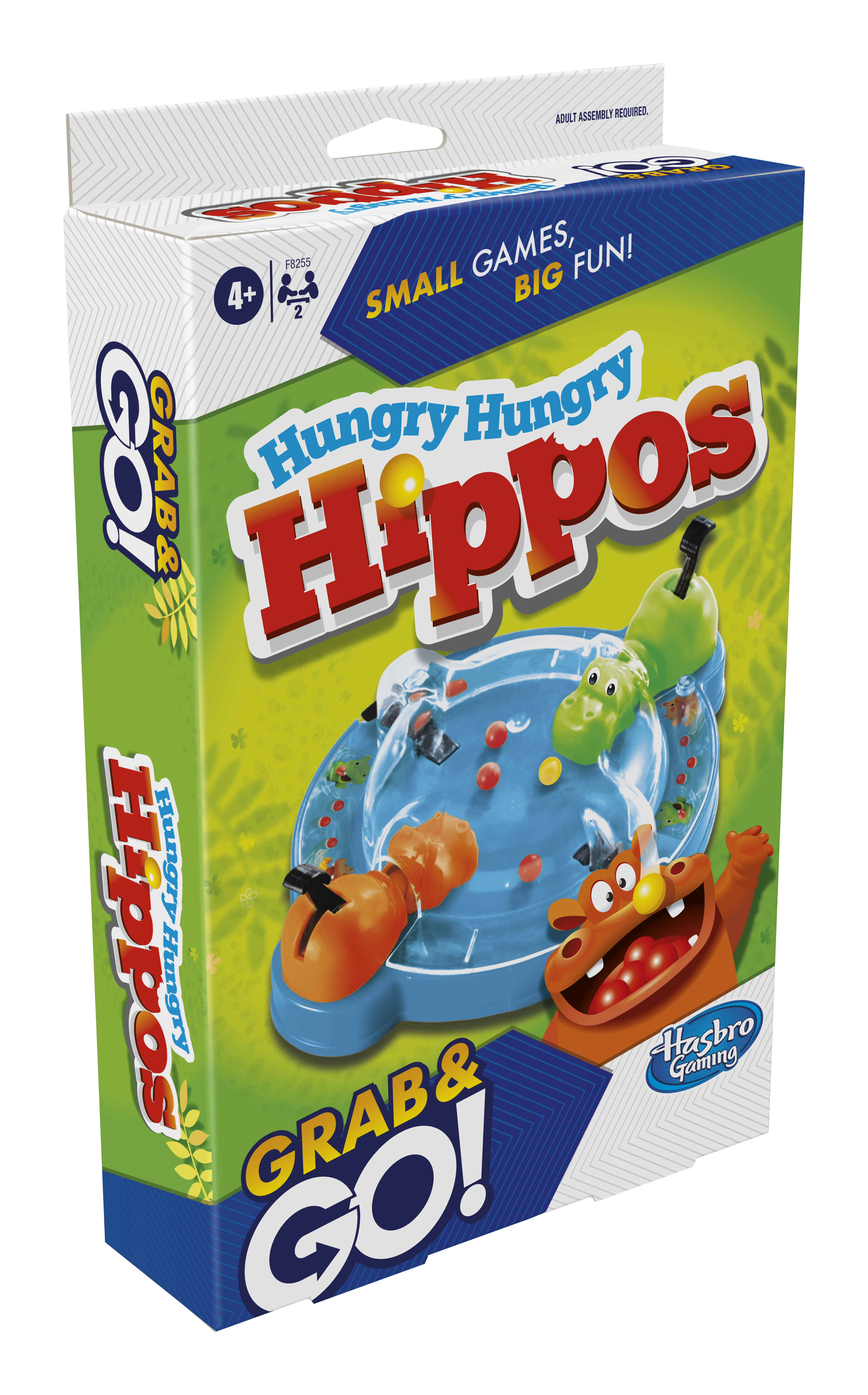 Caja Hungry Hungry Hippos Grab & Go con juego, arte de la caja con hipopótamos y tablero.